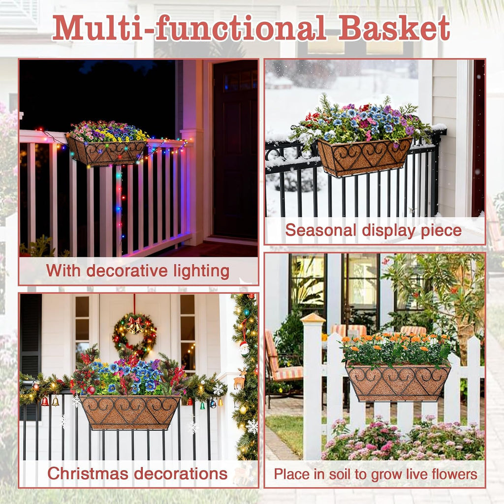 Halatool Railing Planter Box with Artificial Flowers, All Season Home Decor | 16 Inch Metal Window Box with Coco