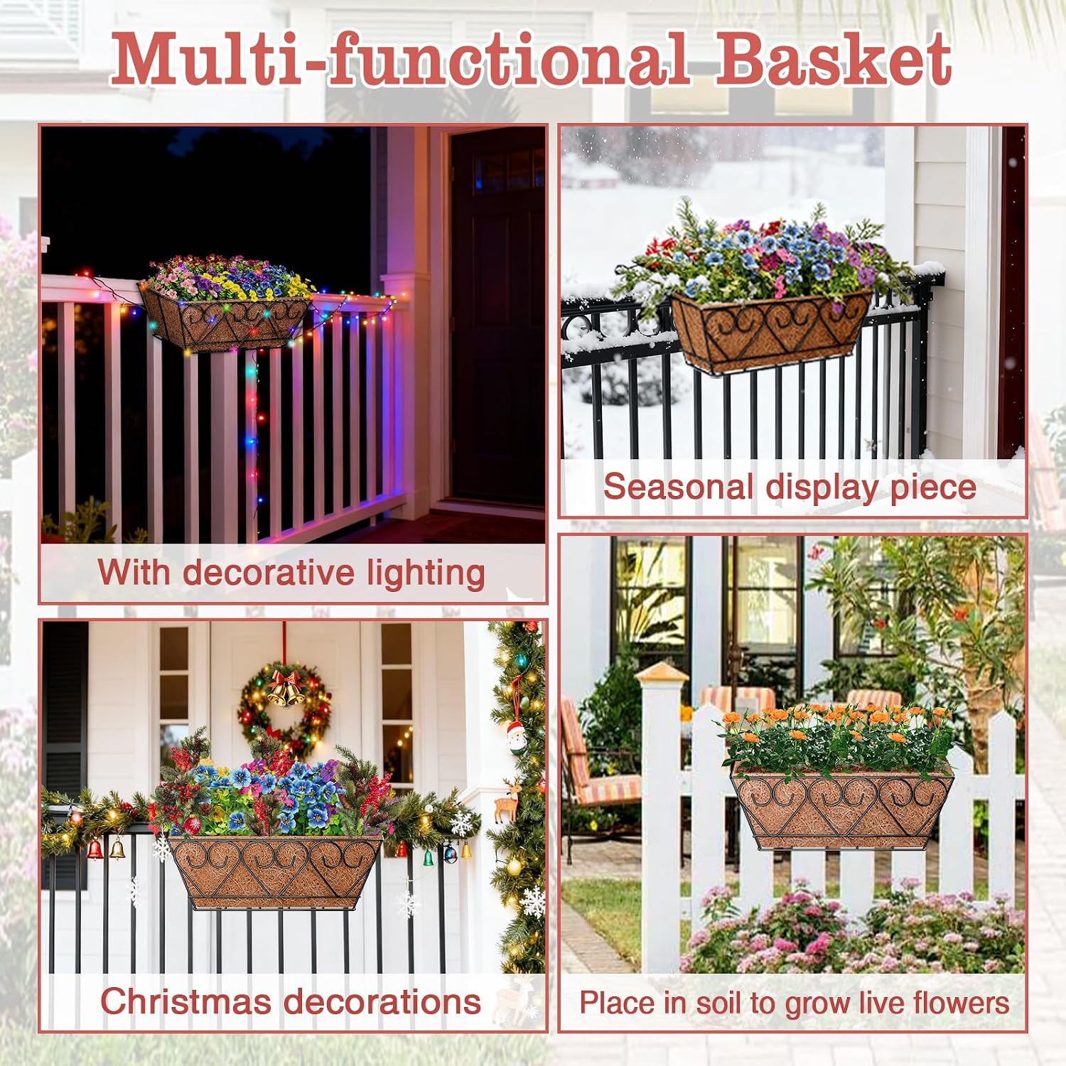 Halatool Railing Planter Box with Artificial Flowers, All Season Home Decor | 16 Inch Metal Window Box with Coco