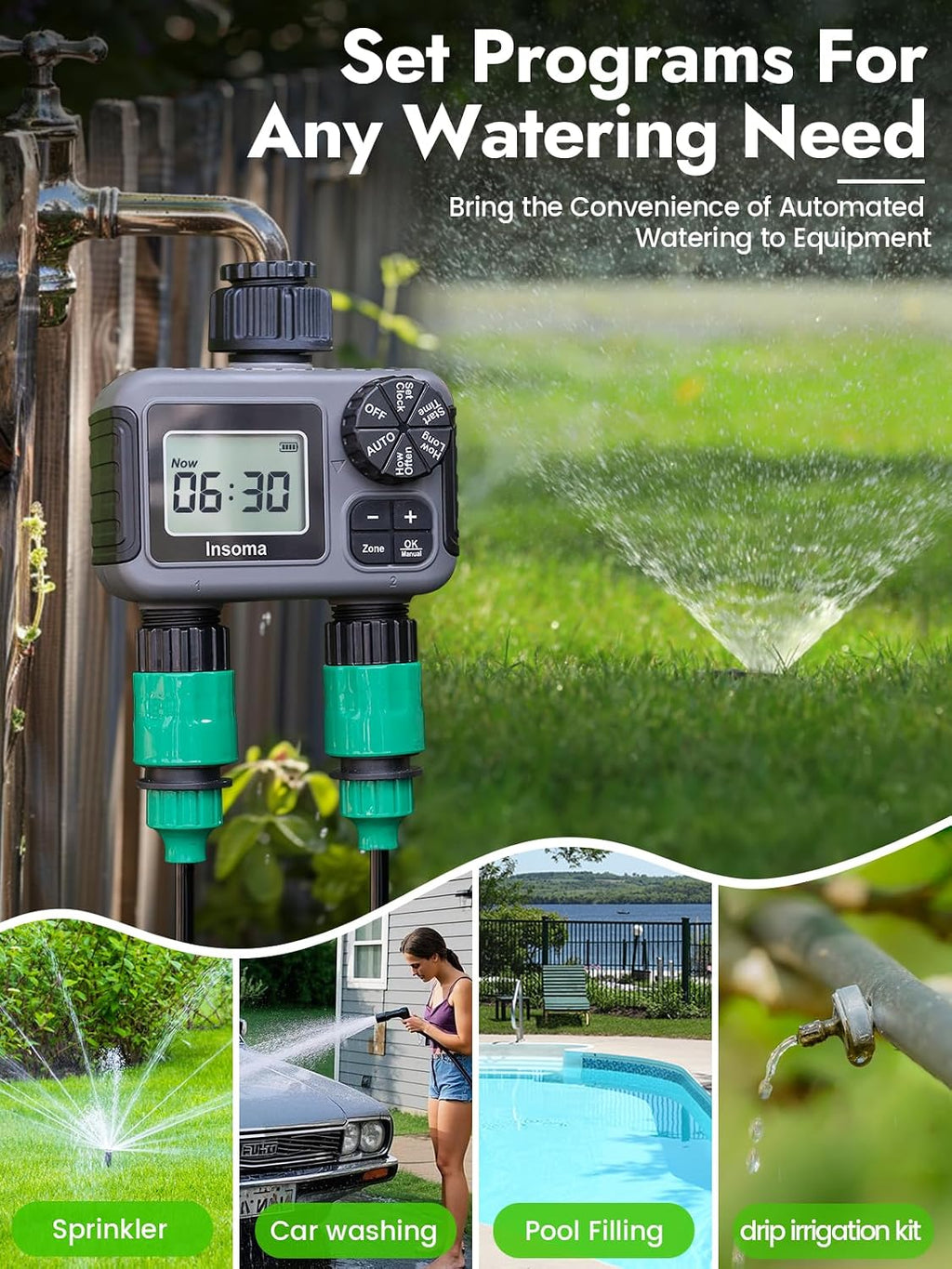 Insoma 2-Zone Sprinkler Timer, Programmable Garden Hose Timer with Auto/Manual/Rain Delay Modes | Water-Saving
