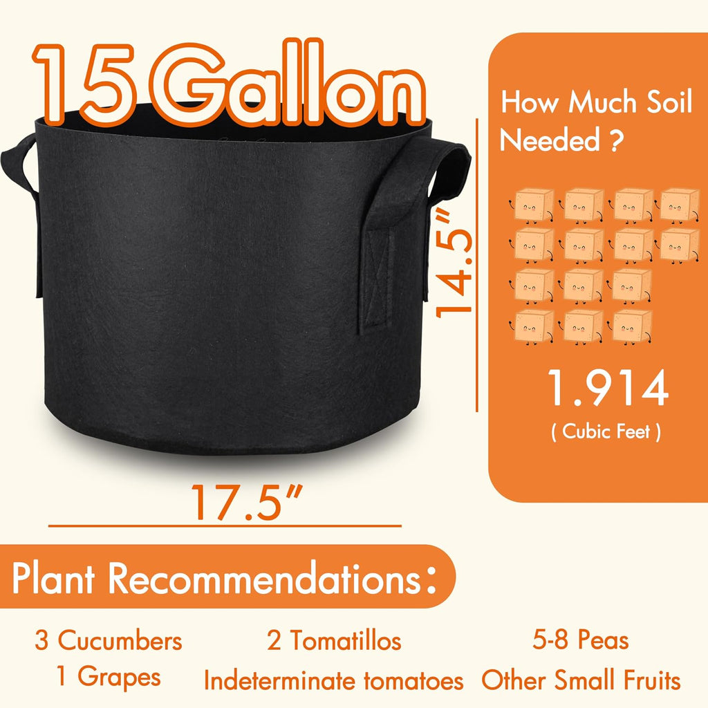 Gardzen 6-Pack 15 Gallon Grow Bags Fabric Pots with Heavy Duty Handles | Excellent Drainage & Breathability, Thickened