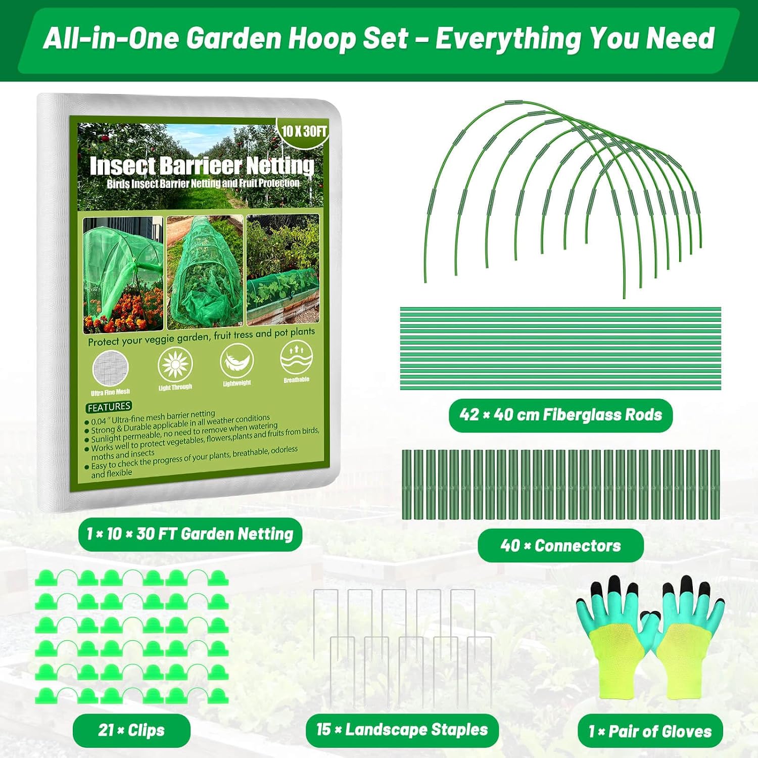 Tetutor Garden Mesh Netting Kit,7 Sets Wide Garden Hoops with 10x30 ft Garden Covers Bird Netting& 12 Clips, Garden