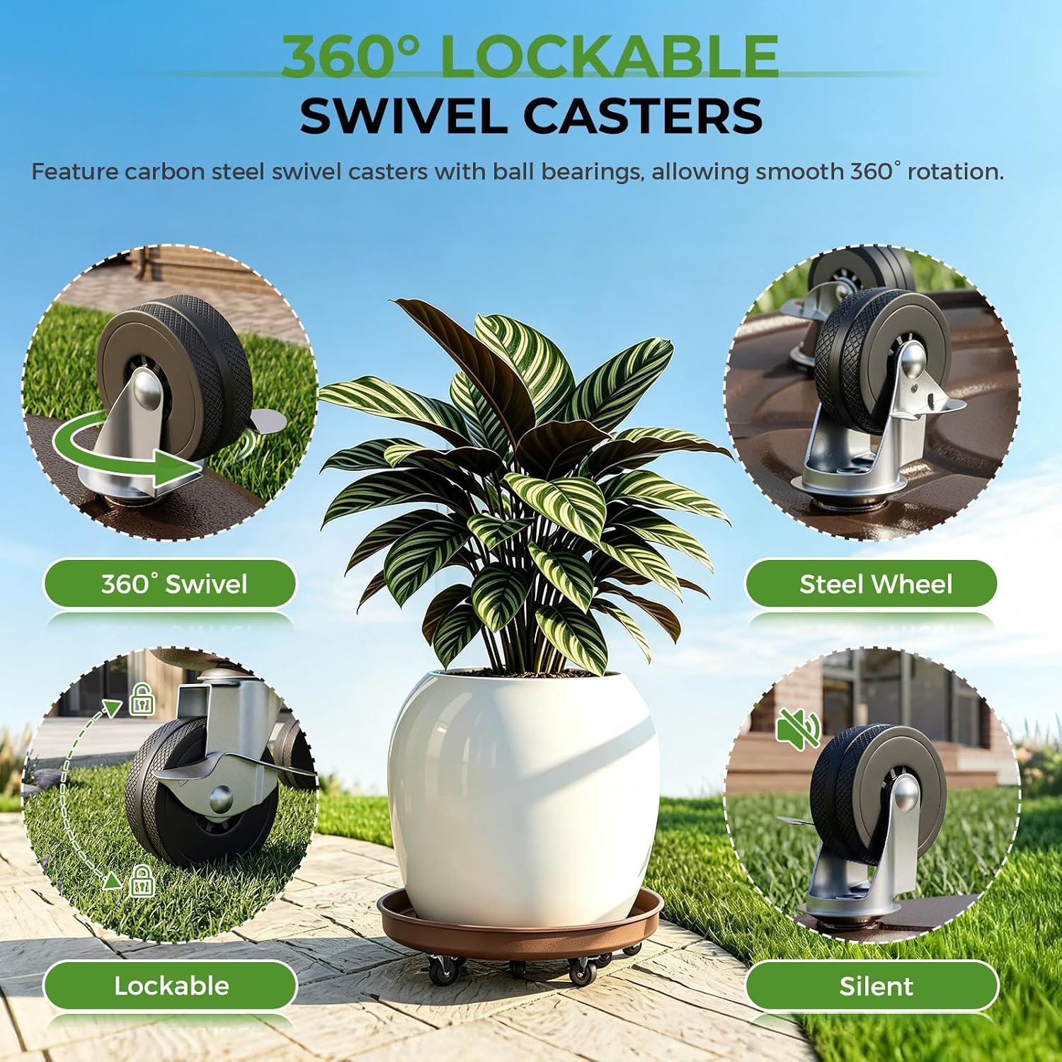 Plant Caddy With Wheels 16" Metal Plant Saucers for Indoors 420 Lb Capacity | Rolling Plant Stand, 360° Locking Casters