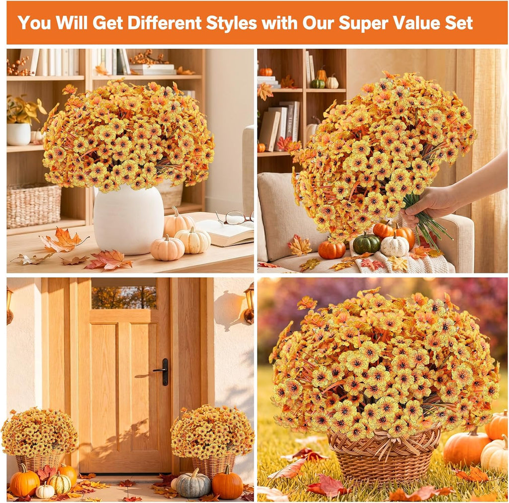 22 Pack Artificial Flowers for Outdoor Indoor Fake Plants(Autumn Yellow) | Faux Silk Flowers for Outdoors Outside Front