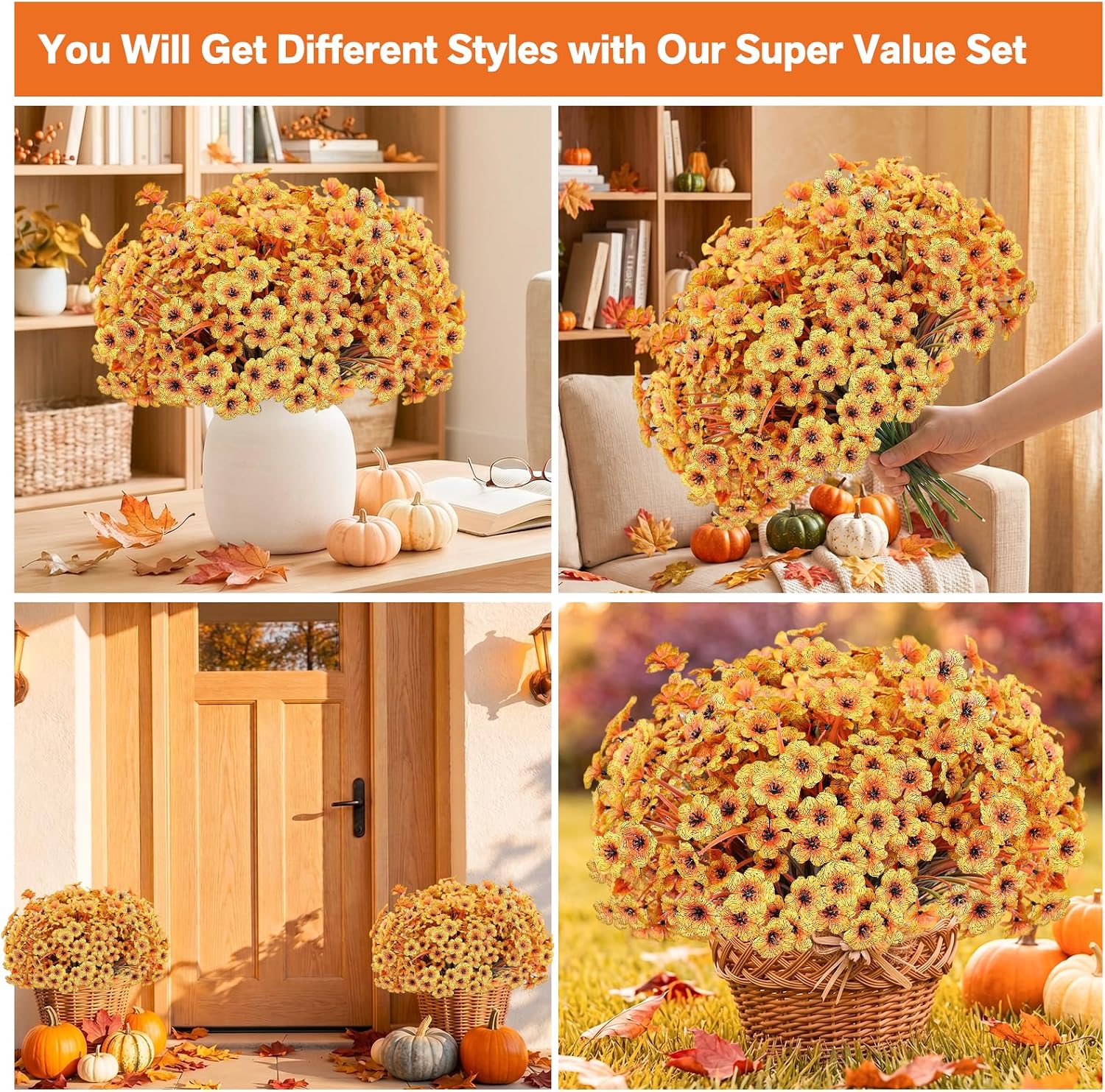 22 Pack Artificial Flowers for Outdoor Indoor Fake Plants(Autumn Yellow) | Faux Silk Flowers for Outdoors Outside Front