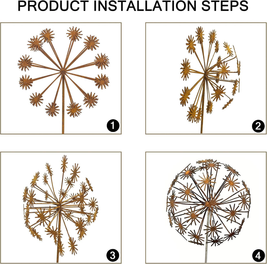 Rustic Dandelion Garden Stakes 2 Pack, 3D Rusty Metal Flowers Sculpture | Decorative Garden Stake, Outdoor Yard Art