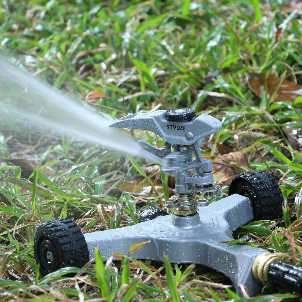 STYDDI Metal Pulsating Sprinkler on in-Series Metal Wheeled Base, Adjustable Circular Water Sprinkler for Medium to