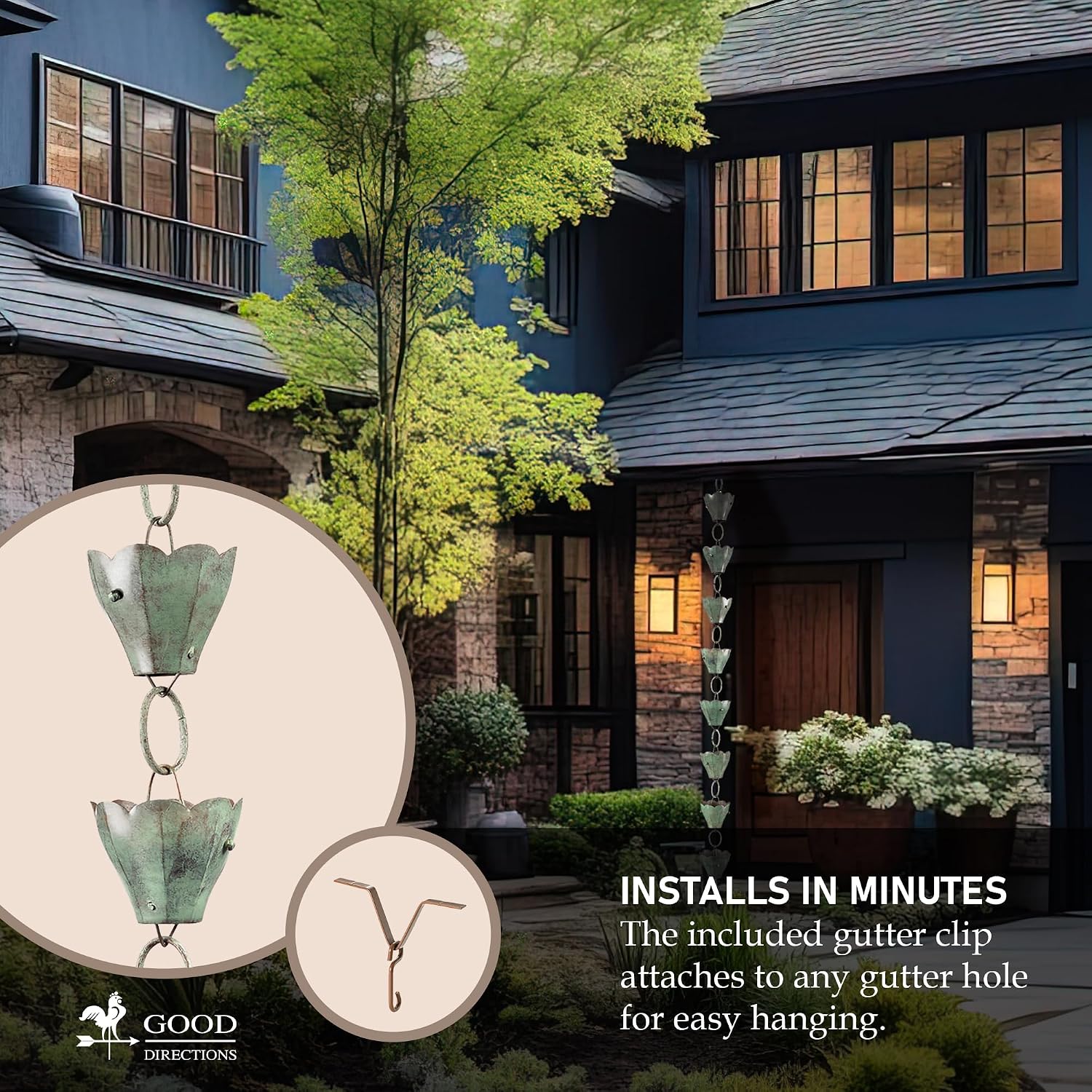 Good Directions 463V1-8 Tulip Rain Chain 8-1/2 Feet Long, 13 Extra Large Cups, 100% Blue Verde Pure Copper