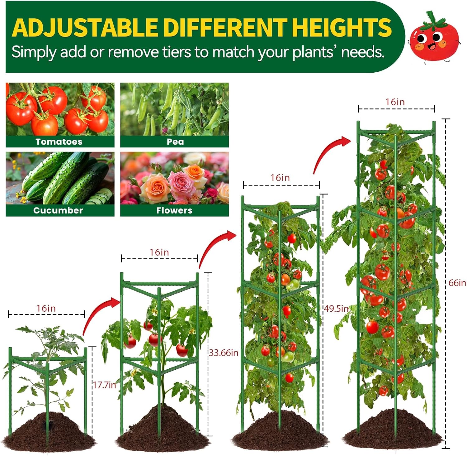 6 Pack Large Tomato Cage for Garden Up to 49" H X 16" W Metal Plant Support Stakes with Clips Triangle Pea Cages