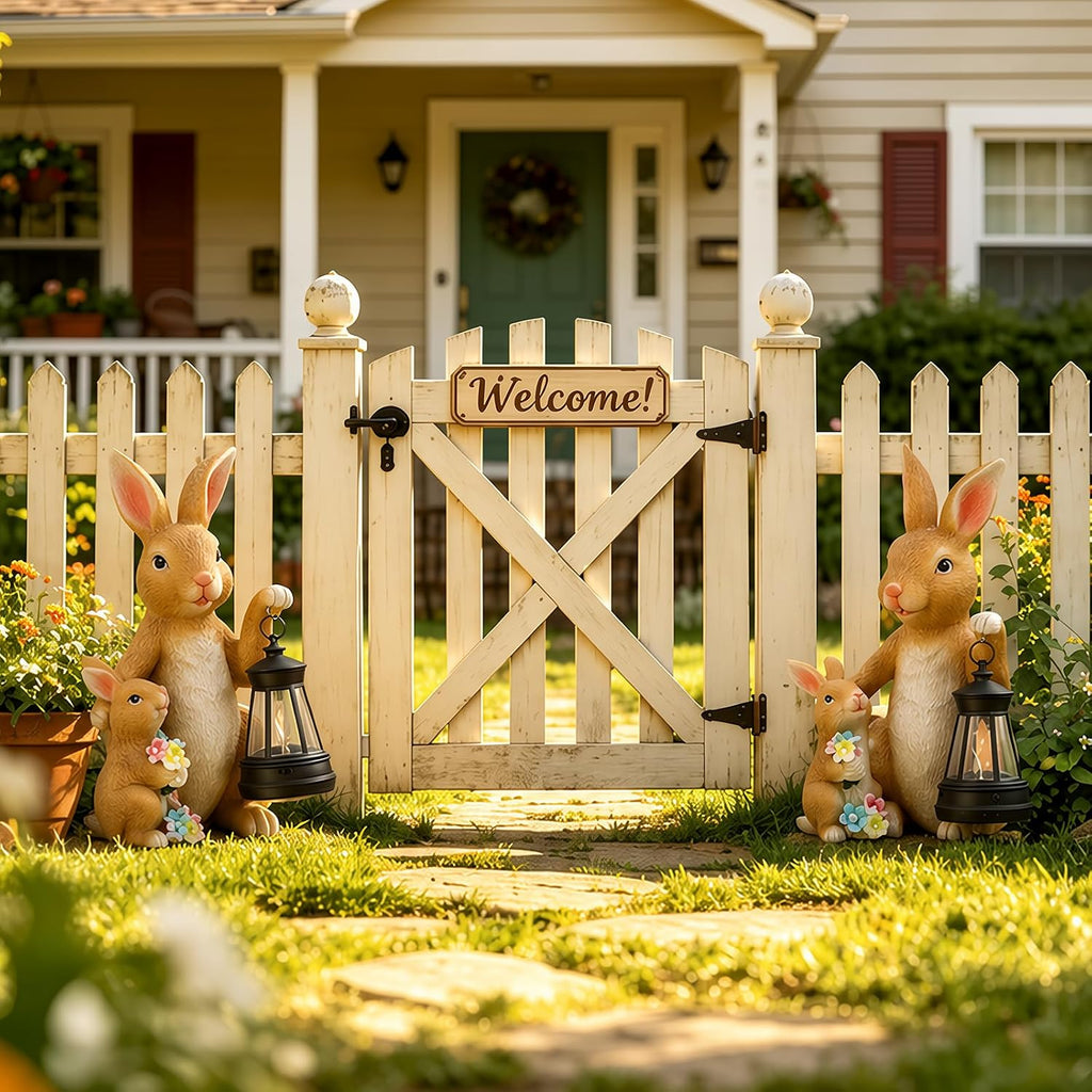 Solar Bunny Garden Statue with LED Lantern, Waterproof Resin Figurine | for Tabletop, Patio, Lawn & Easter Garden, Cute