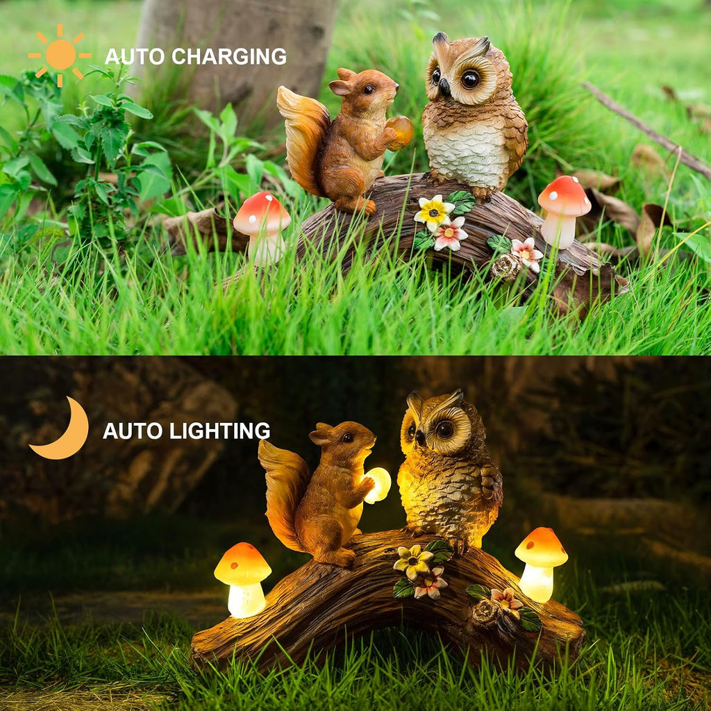 Solar Owl Garden Statues Outdoor Decor Resin Owl Squirrel Figurine with Mushroom Lights for Patio Lawn Yard Decorations