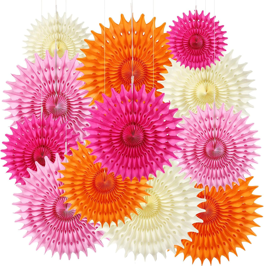 12PCS Paper Fans Hot Pink and Orange Party Decorations Tissue Paper Flowers Decorations for Girl Groovy Birthday Baby Shower Wedding Bachelorette Room Wall Hanging Décor