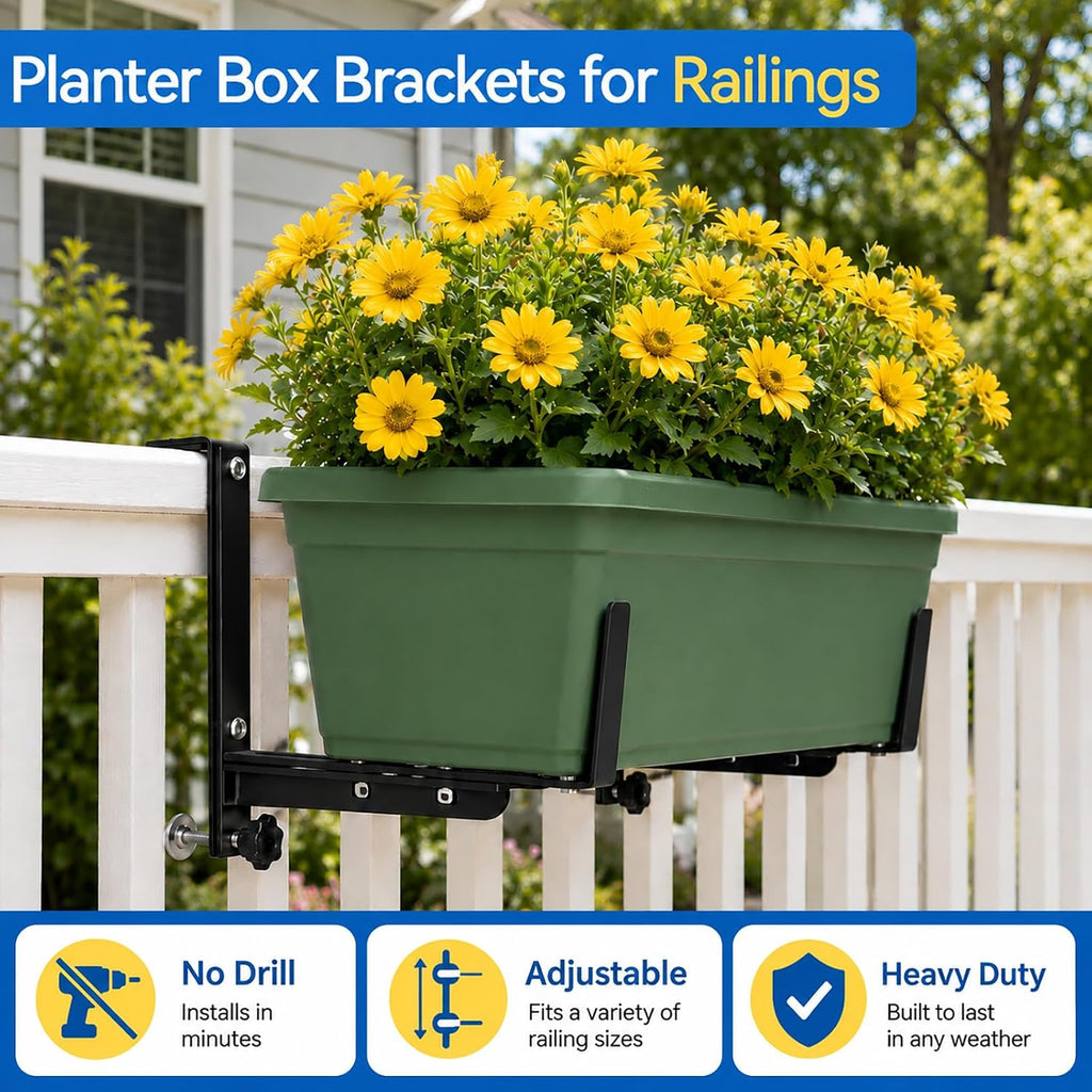 Halatool Window Box Brackets Outdoor, 4Pack Adjustable Planter Box Brackets | Heavy Duty Steel No Drill Flower Box