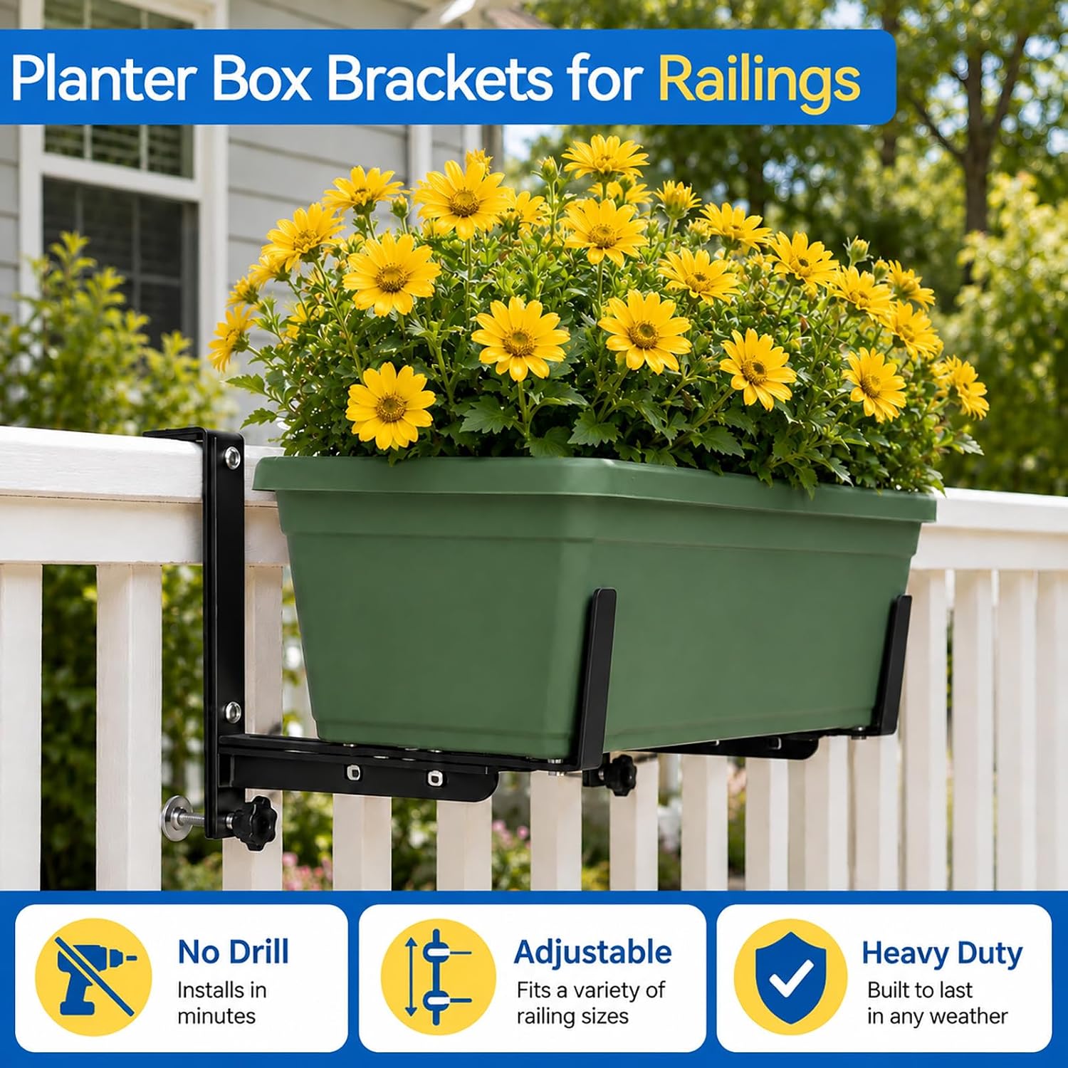 Halatool Window Box Brackets Outdoor, 4Pack Adjustable Planter Box Brackets | Heavy Duty Steel No Drill Flower Box