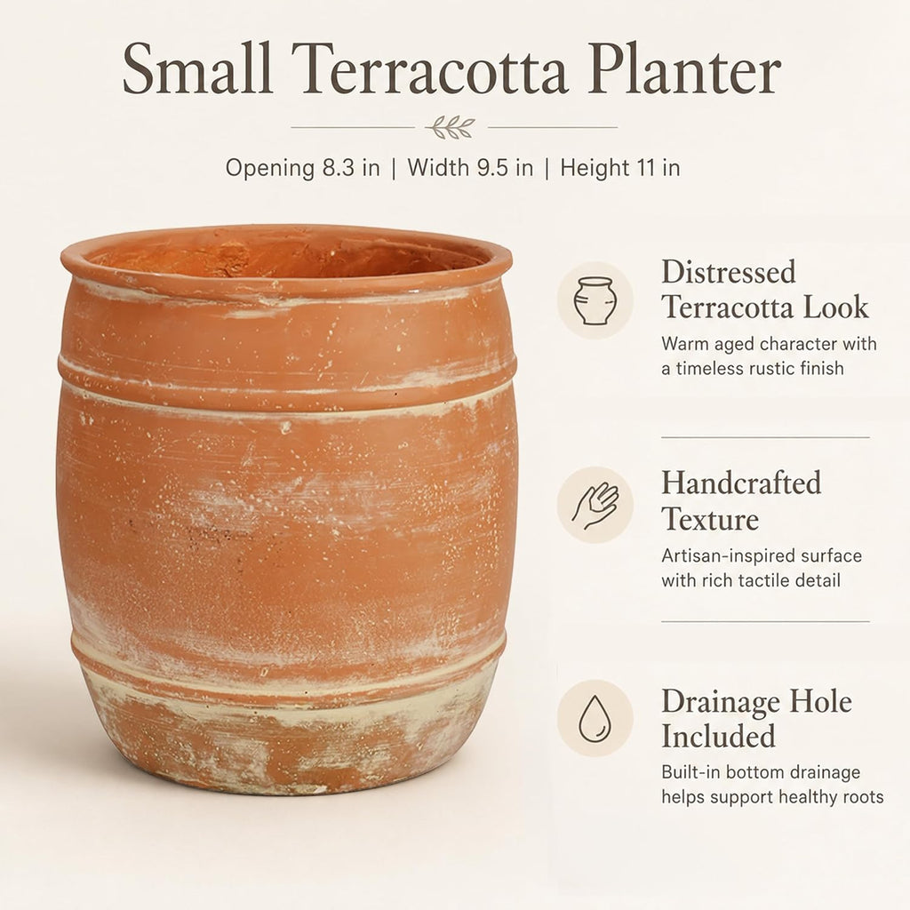11"H x 9.5" Dia Aged Terracotta Clay Planter Pot with Drainage Hole, Rustic Farmhouse Style Flower Pot with Distressed