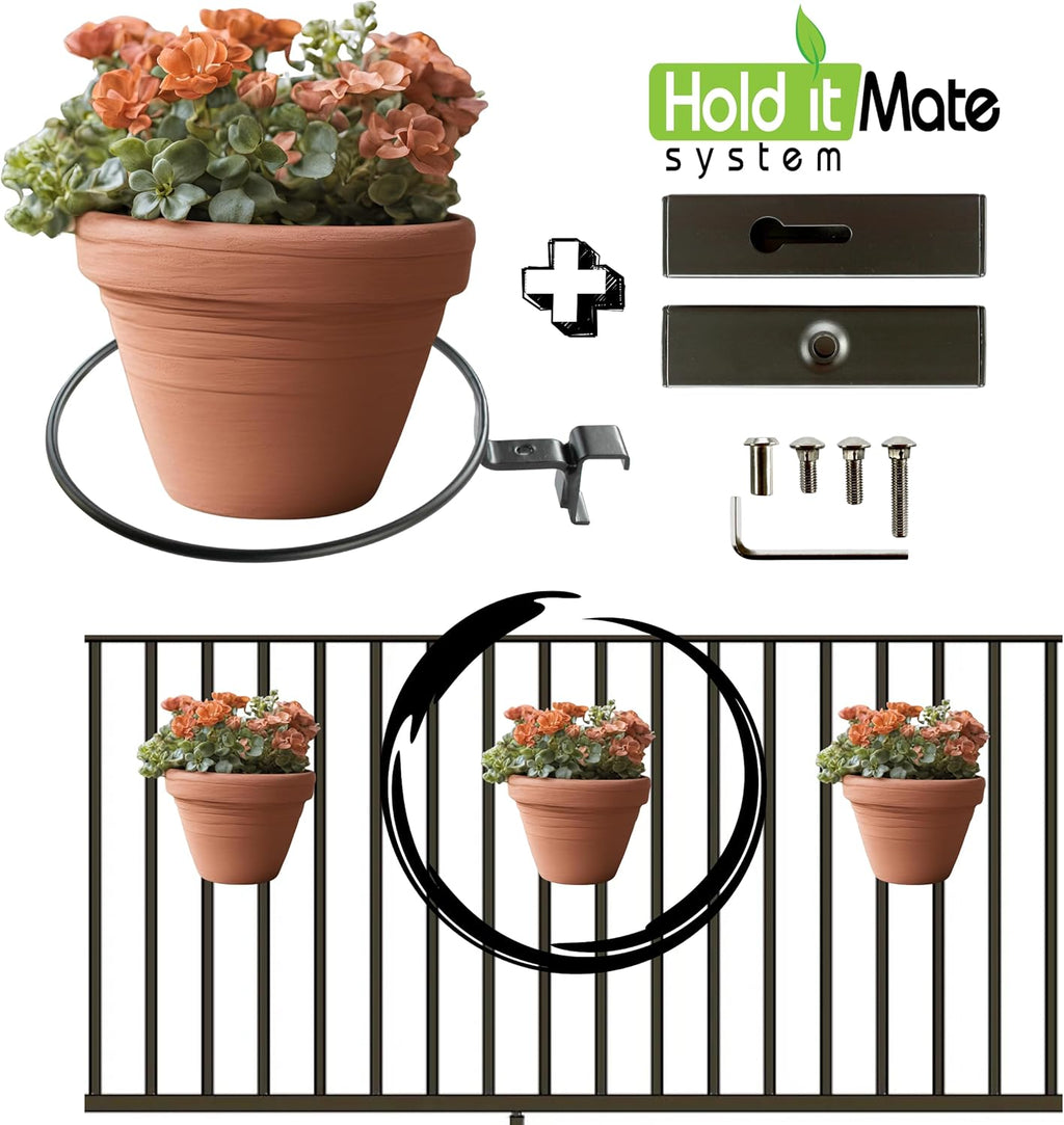 Deck Railing Plant Container Holder/Bracket Kit for Round Pot Planters (10") Connects Harmlessly to Vertical Spindled