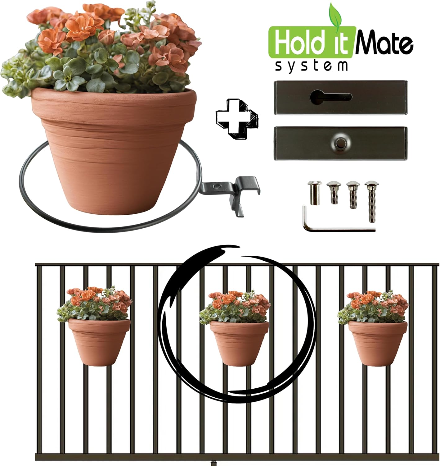 Deck Railing Plant Container Holder/Bracket Kit for Round Pot Planters (10") Connects Harmlessly to Vertical Spindled