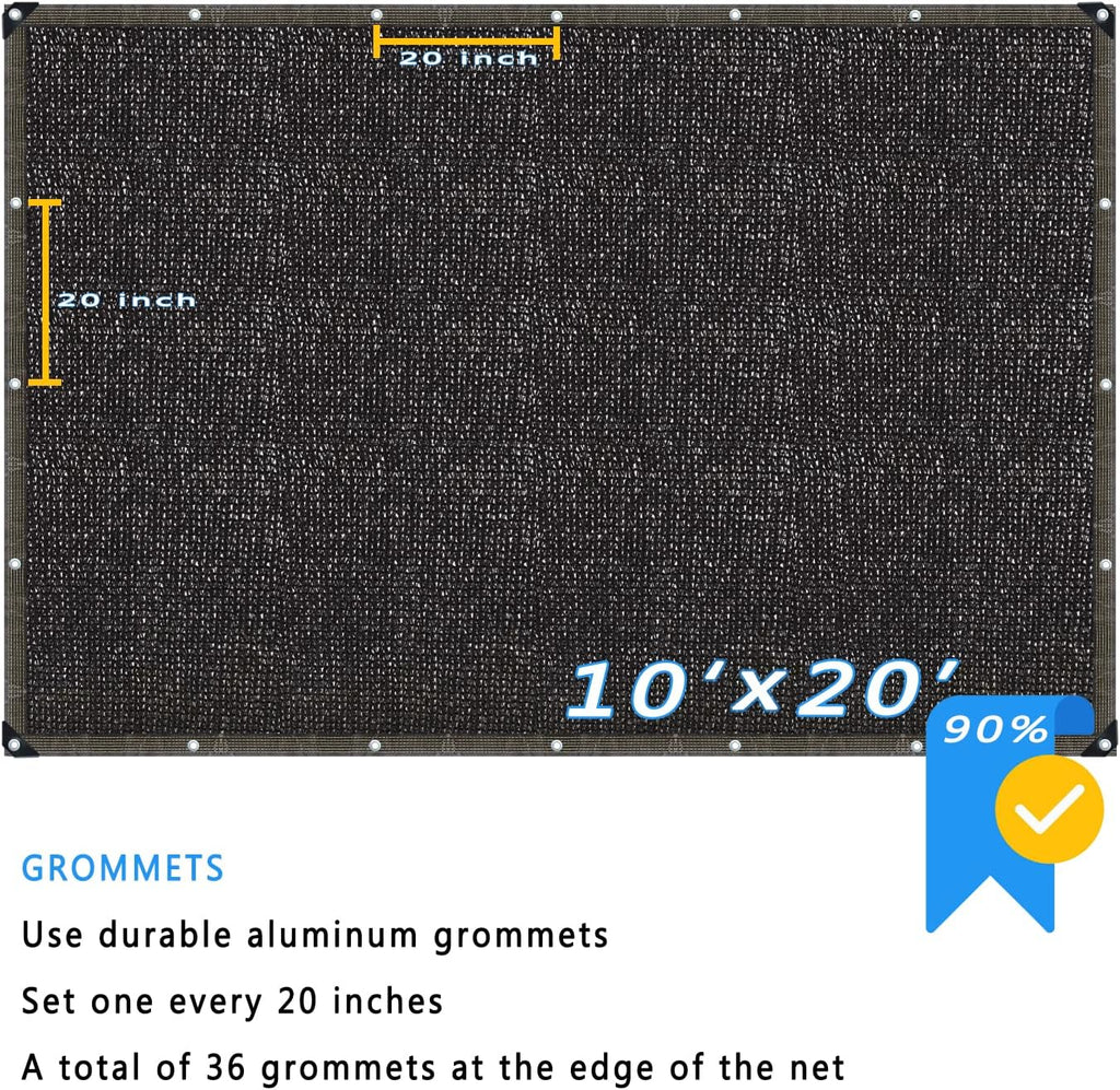90% Shade Cloth, Black 10 ft x 20 ft, UV Resistant Shade Net for Outdoor, Garden Shade Mesh with Grommets, for Pergola