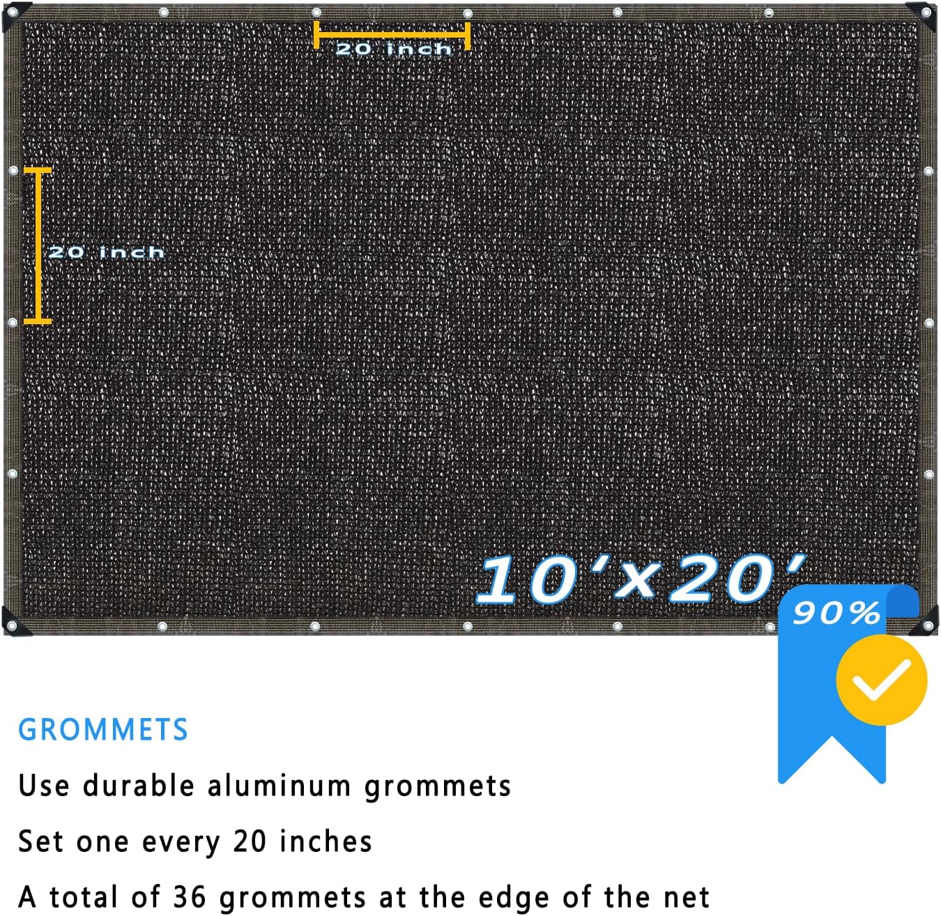 90% Shade Cloth, Black 10 ft x 20 ft, UV Resistant Shade Net for Outdoor, Garden Shade Mesh with Grommets, for Pergola