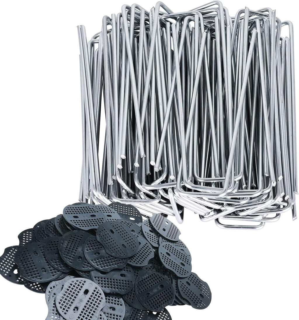200 Pack Landscape Staples and 200 Pack Gaskets, 11 Gauge 6in Galvanized Steel Garden Staples with Black Pad for