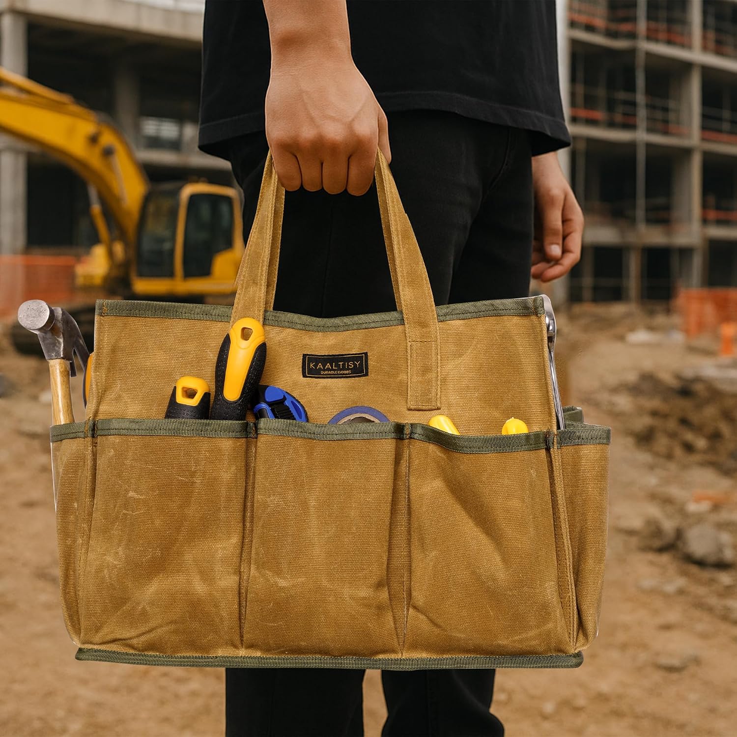 16OZ Waxed Canvas Tool Tote Bag | Large-Capacity Tool Storage Tote with 10 External Pockets | Multi-Purpose Garden Tool