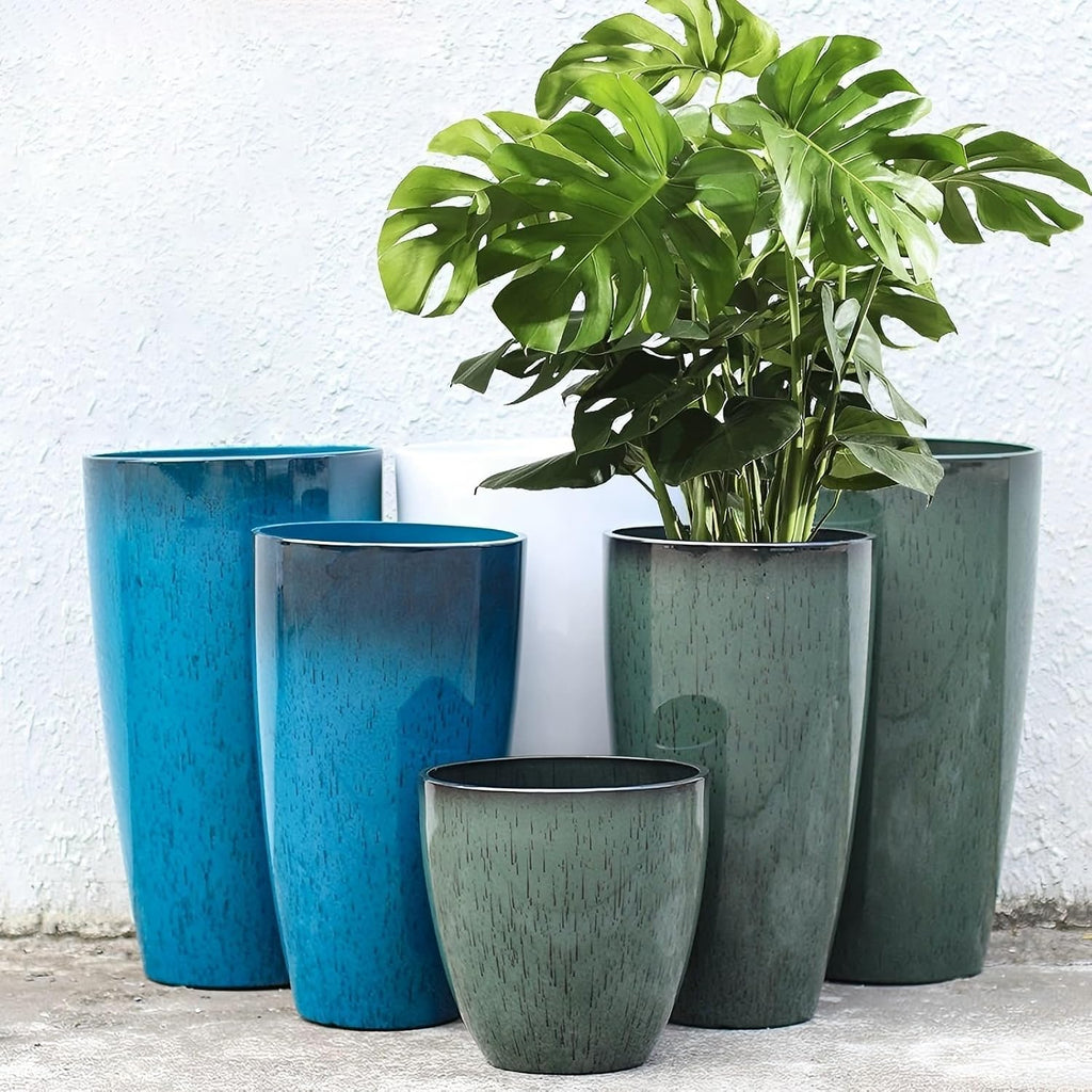24,21,11 Inch Large Plastic Planters with Drainage Hole and Saucer - Set of 3 Tall Plant Pots Indoor Flower Pot Tall