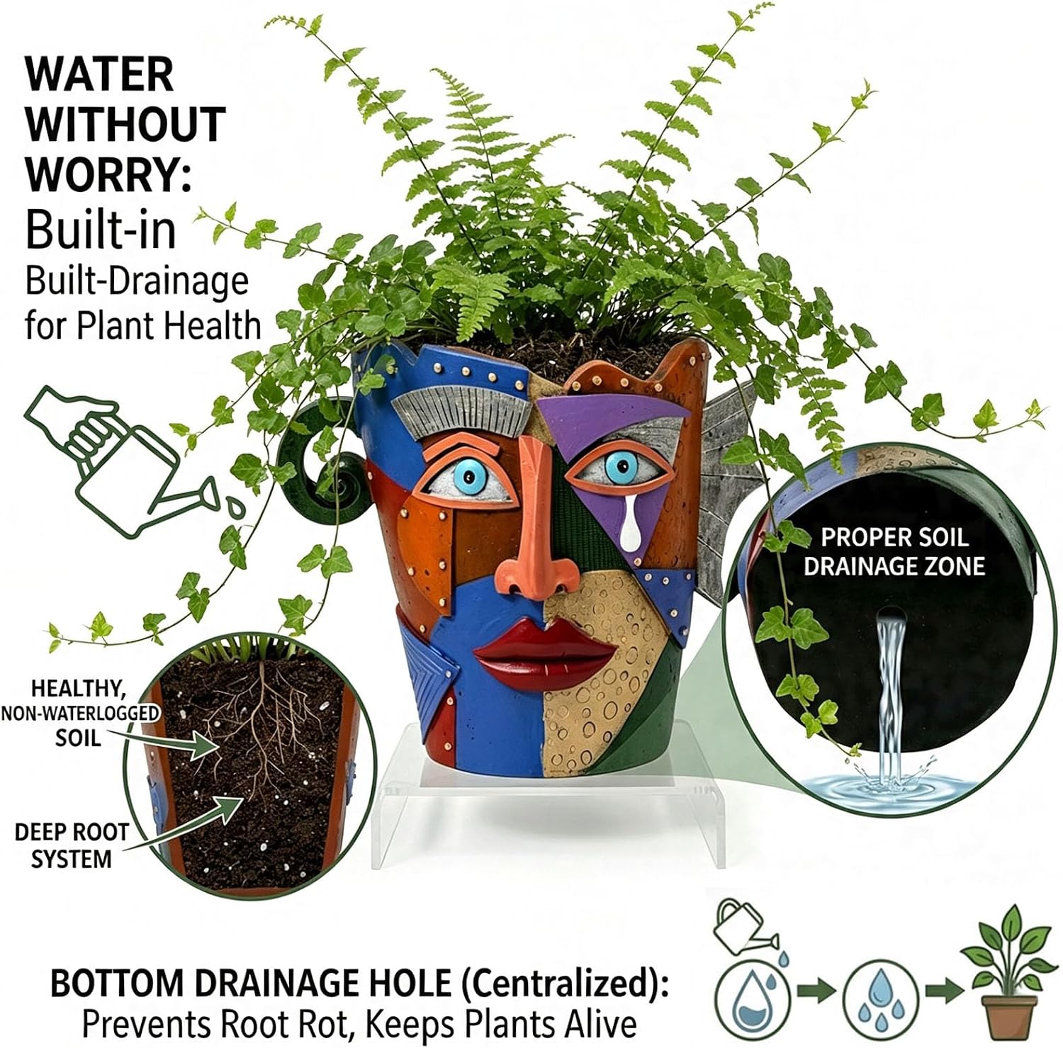 Picasso Abstract Face Planter, Resin Head Pot, for Indoor Outdoor | Handmade cubist planter with drainage hole for
