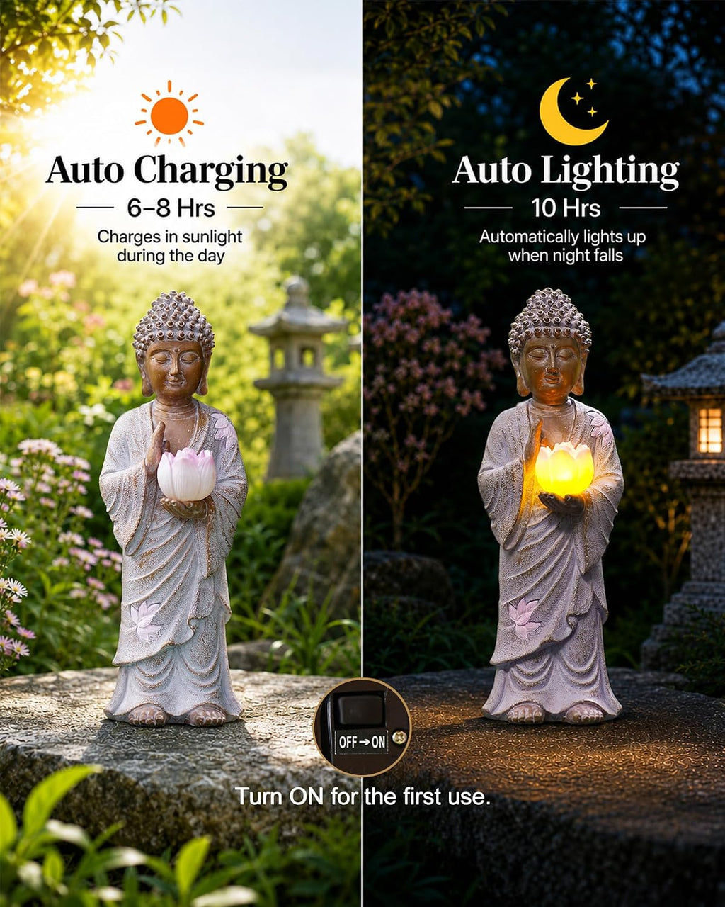 Solar Buddha Garden Statue Decor: Standing Figurine with Lotus Light | 11-Inch White Zen Sculpture, Patio Lawn Yard