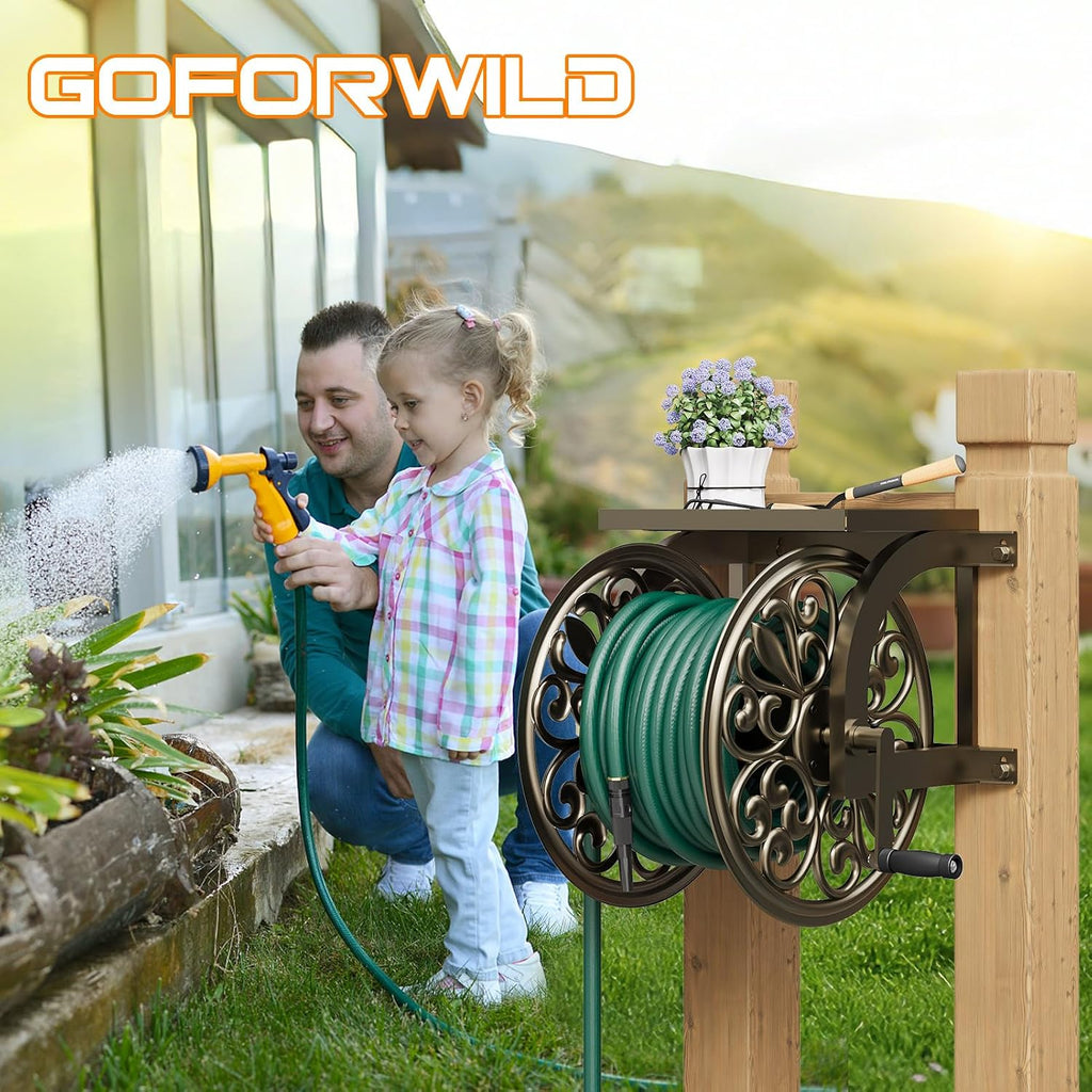 GOFORWILD Wall Mount Garden Hose Reel, Holds 200-Feet of 5/8-Inch Hose | Decorative Hose Reel, Heavy-Duty Water Hose