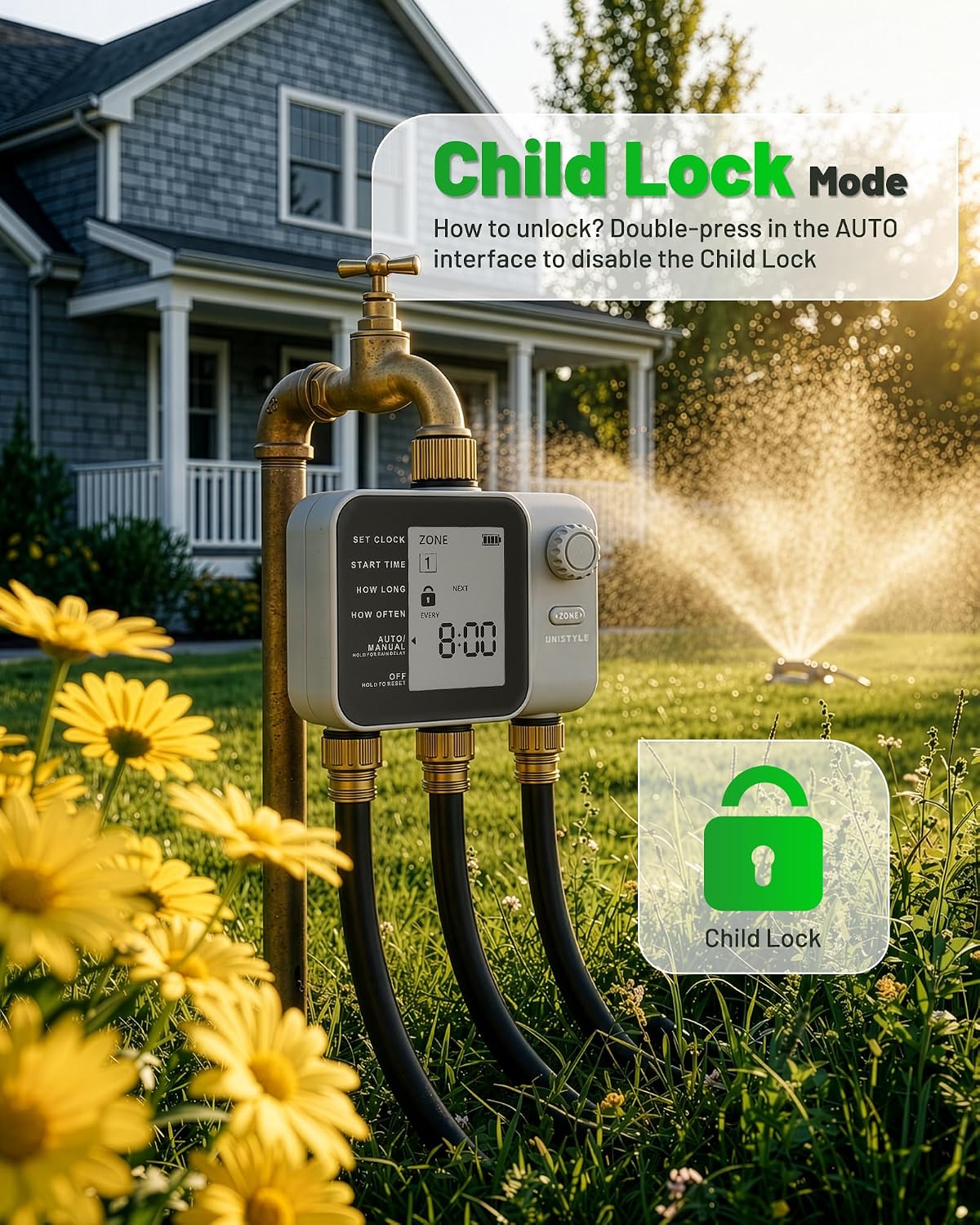 [All-New 2027] 3 Zone Sprinkler Timer with Brass Inlet, Unistyle Water Timer for Garden Hose with Rain Delay/Manual
