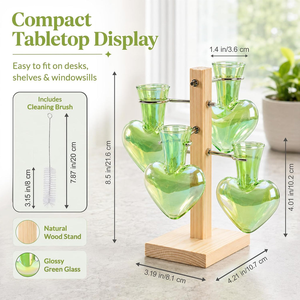 Plant Terrarium Propagation Stations: Green Vase with Wooden Stand | 4 Irised Crystal Glass, Heart Shaped, Home Table