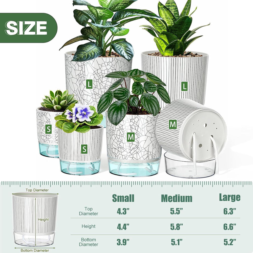 6 Pack Self Watering Pots for Indoor Plants, 4/5.5/6.3 Inch Plant Pots | Self Watering Planters with Drainage Hole
