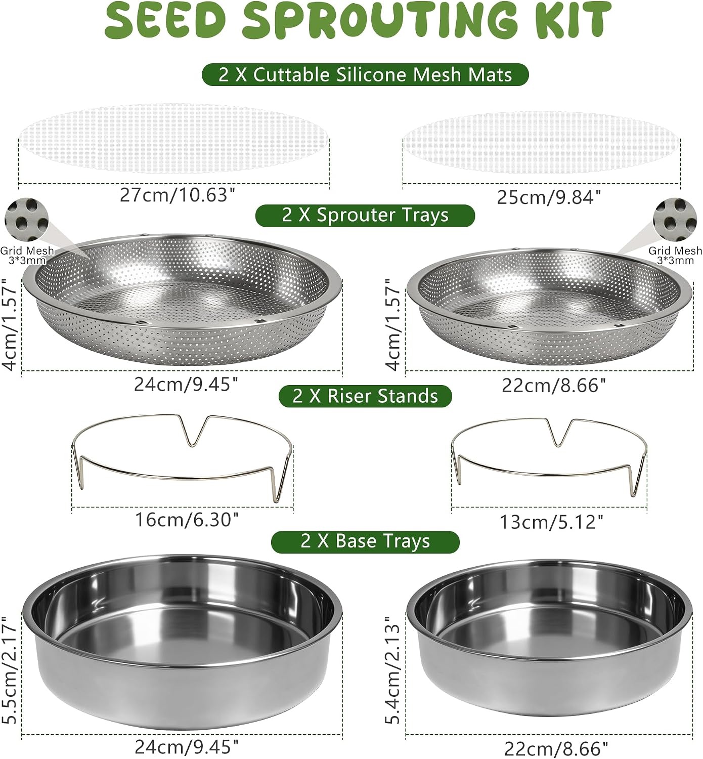 2 Pack 304 Stainless Steel Microgreens Growing Kit Seed Sprouting Trays | 2-Tier Soil-Free Rust-Free Round Seed