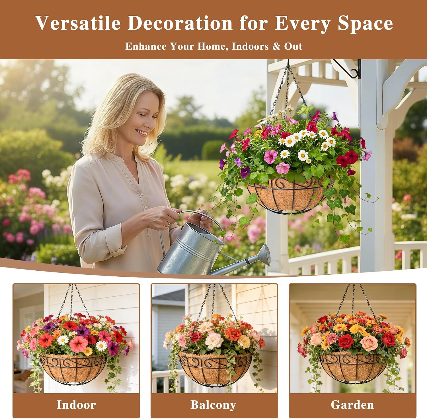 4 Pack Hanging Planter for Outdoor Plants 14 inch Metal Hanging Flower Basket with Coco Coir Liner Round Wire Plant