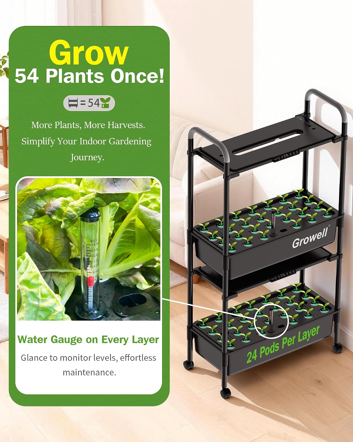Growell Large Hydroponics Growing System Kit, 54 Pods Vertical Indoor Herb Garden Kit with LED Grow Light & Independent