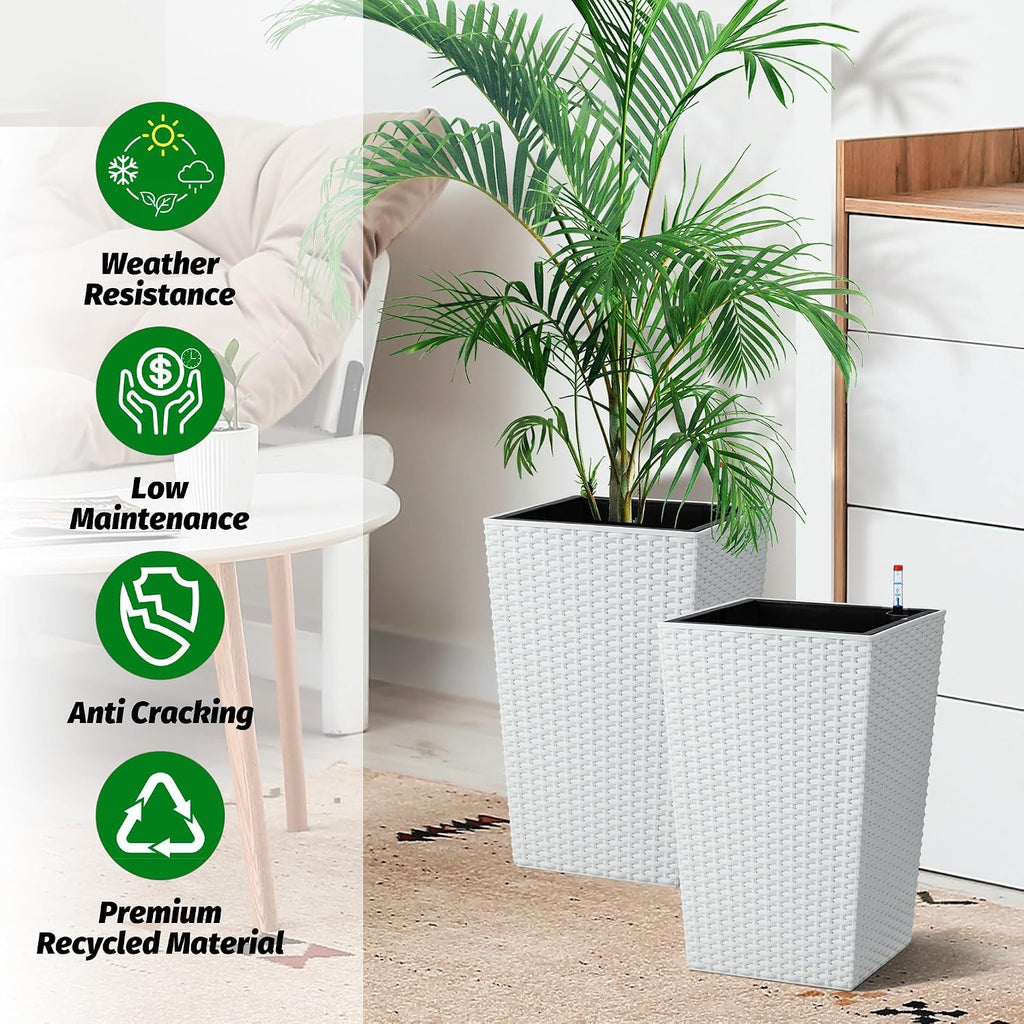 Self-Watering Rattan Tall Planter Pot with Water Level Indicator | Weather-resistant rattan planter, modern decor for