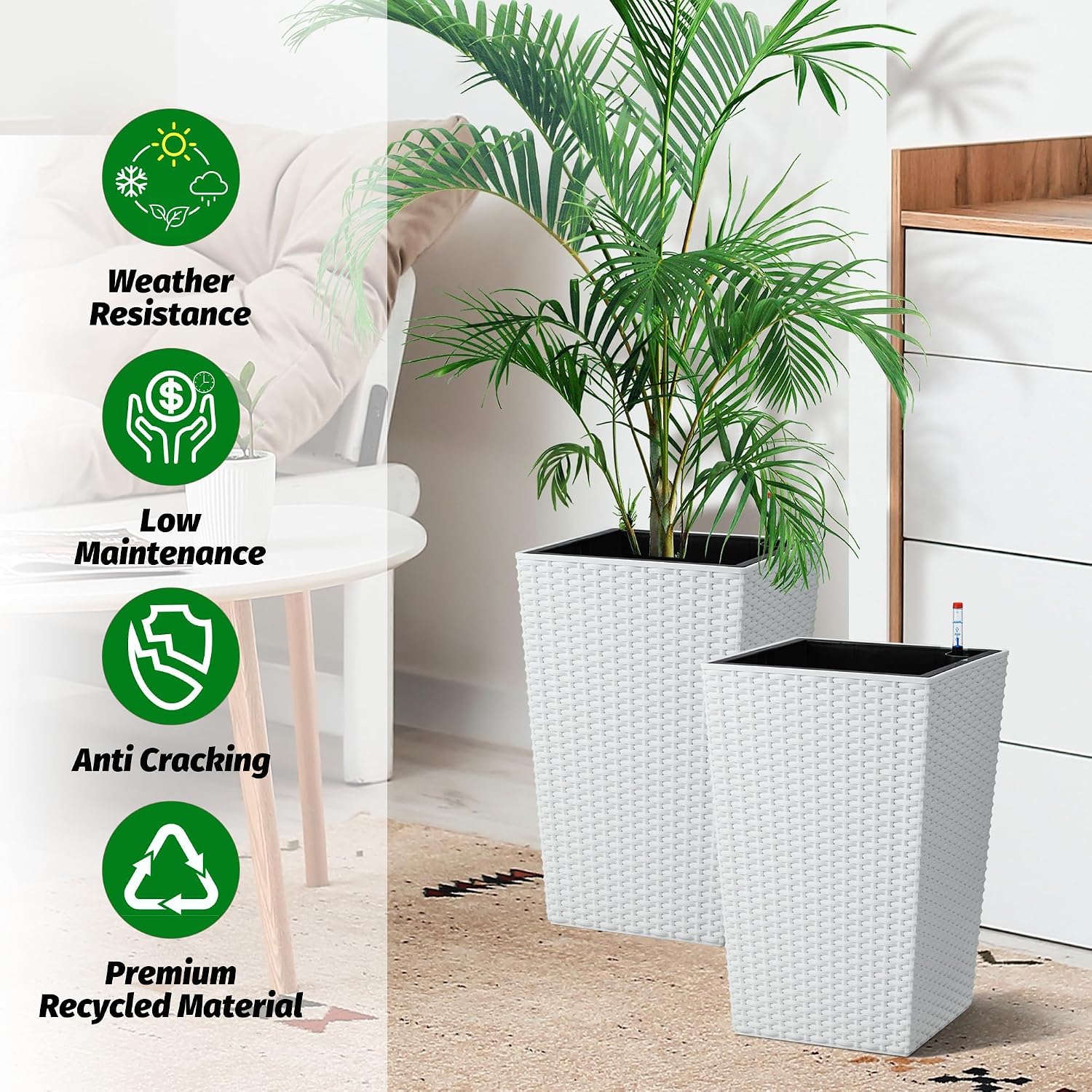 Self-Watering Rattan Tall Planter Pot with Water Level Indicator | Weather-resistant rattan planter, modern decor for