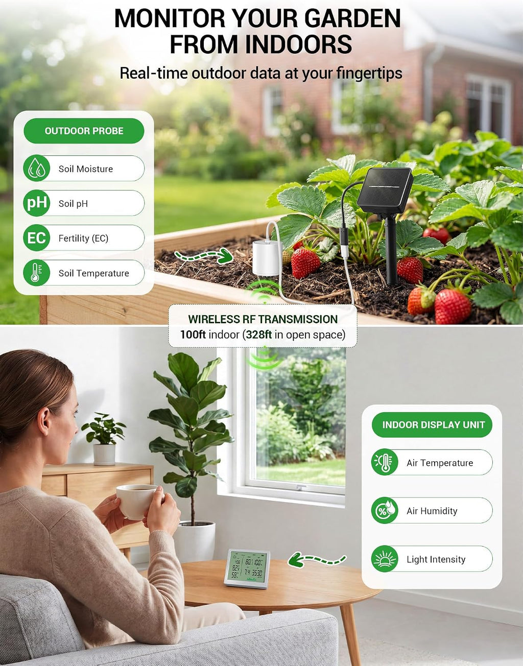 7-in-1 Wireless Soil Test Kit, Solar Powered Soil Moisture Meter with Expandable Probes, Soil pH Tester for