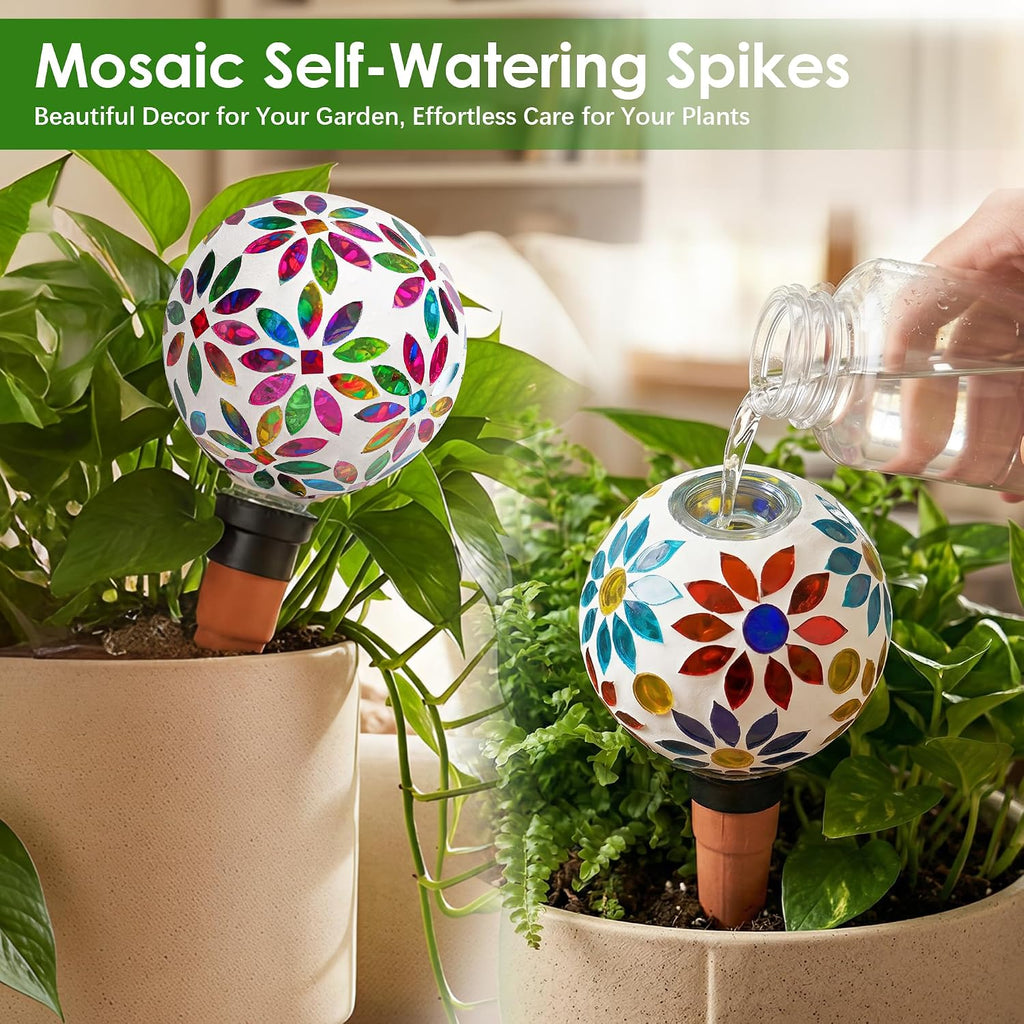 Terracotta Watering Spikes Mosaic Watering Globes 2 Pack | Automatic Plant Waterer Watering Devices Water Bulbs for
