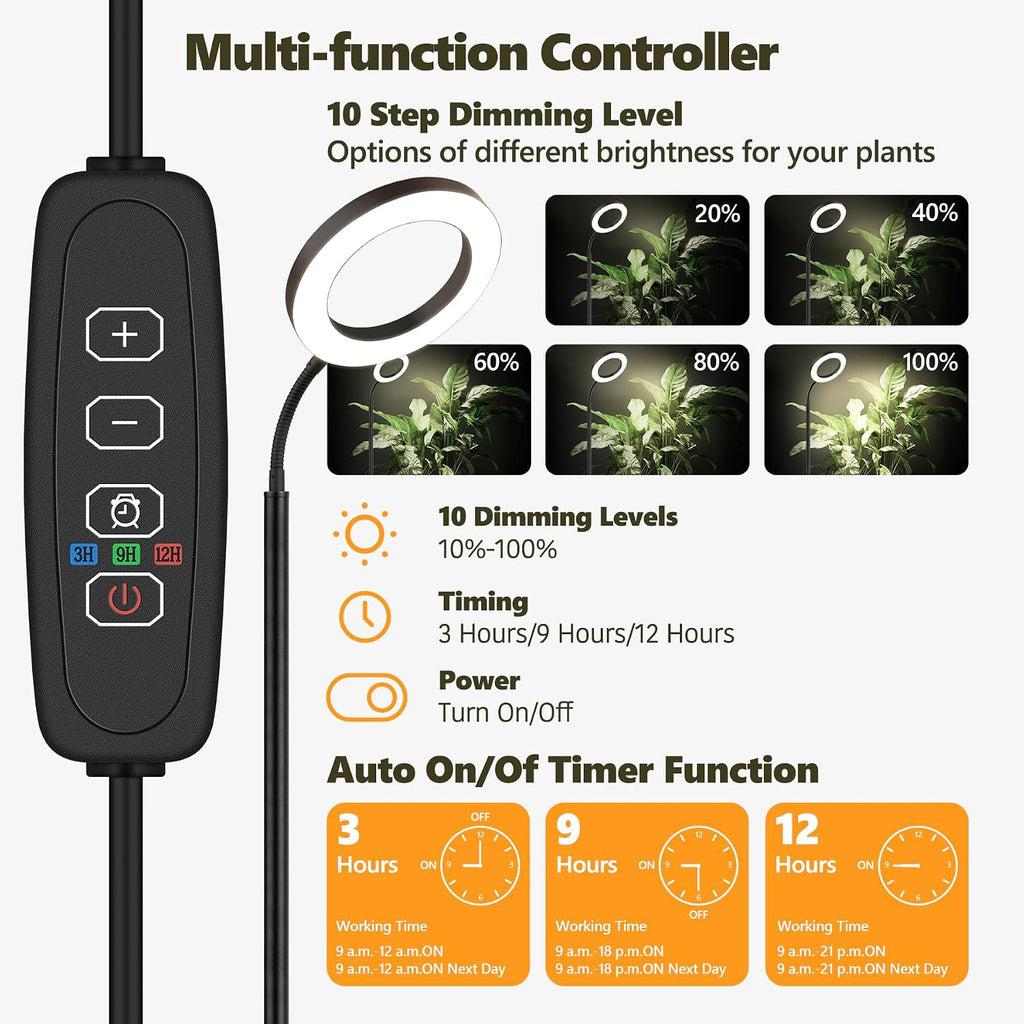 Plant Grow LED Light, 20W Growing Lights for Indoor Plants Full Spectrum | 3/9/12H Auto Cycle Timer, 10 Level Dimmable