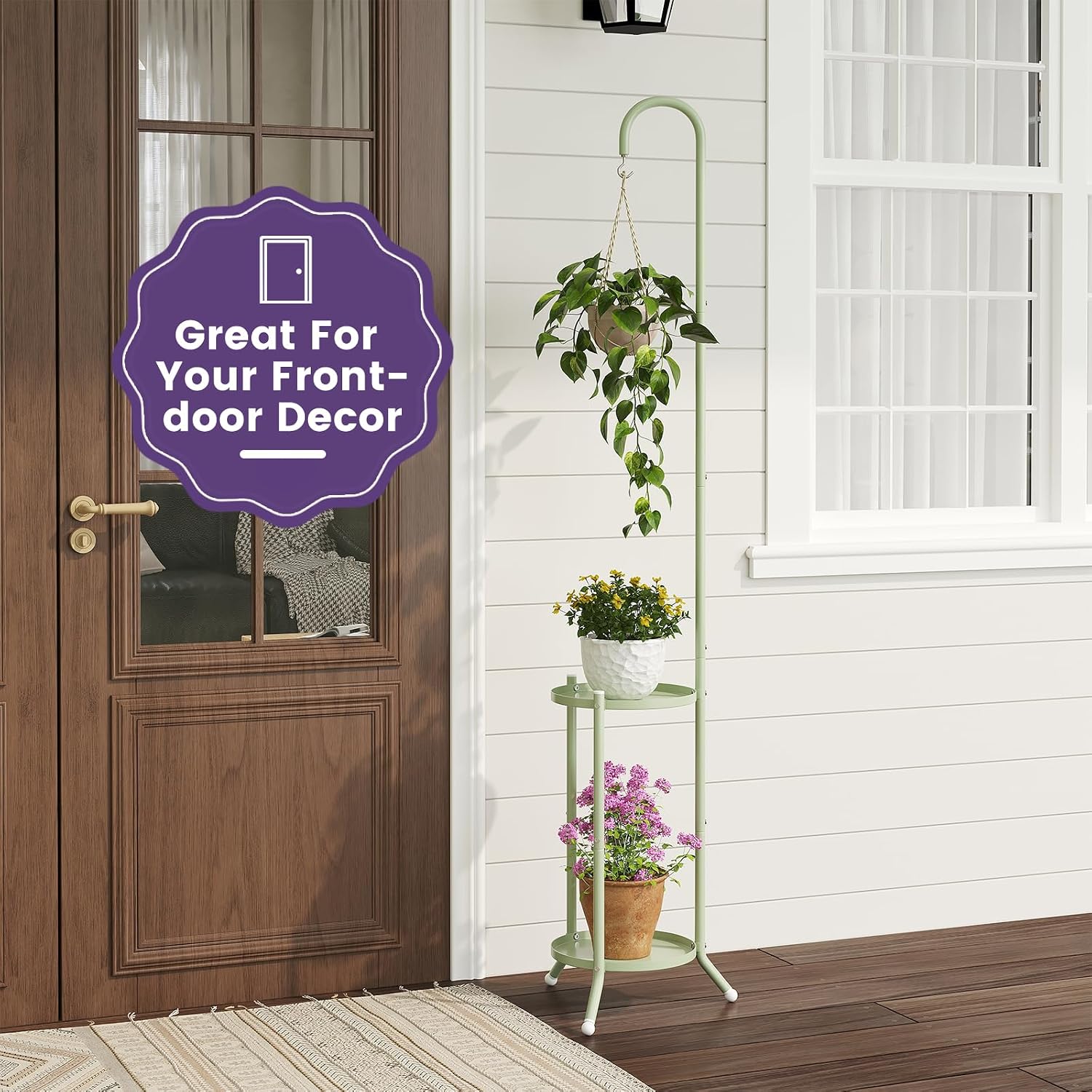 2-Tier Metal Plant Stand with Hanging Hook,Green | rustproof iron shelf for indoor/outdoor use. Holds planters, bird
