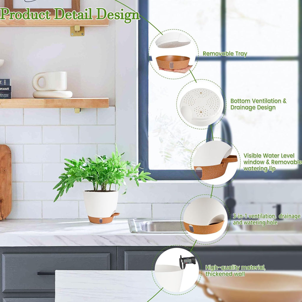 Self Watering Pots for Inoor Ourdoor Plants 8/7/6.5/6/5" Plastic Planters | Drainage Holes & Water Level Indicator