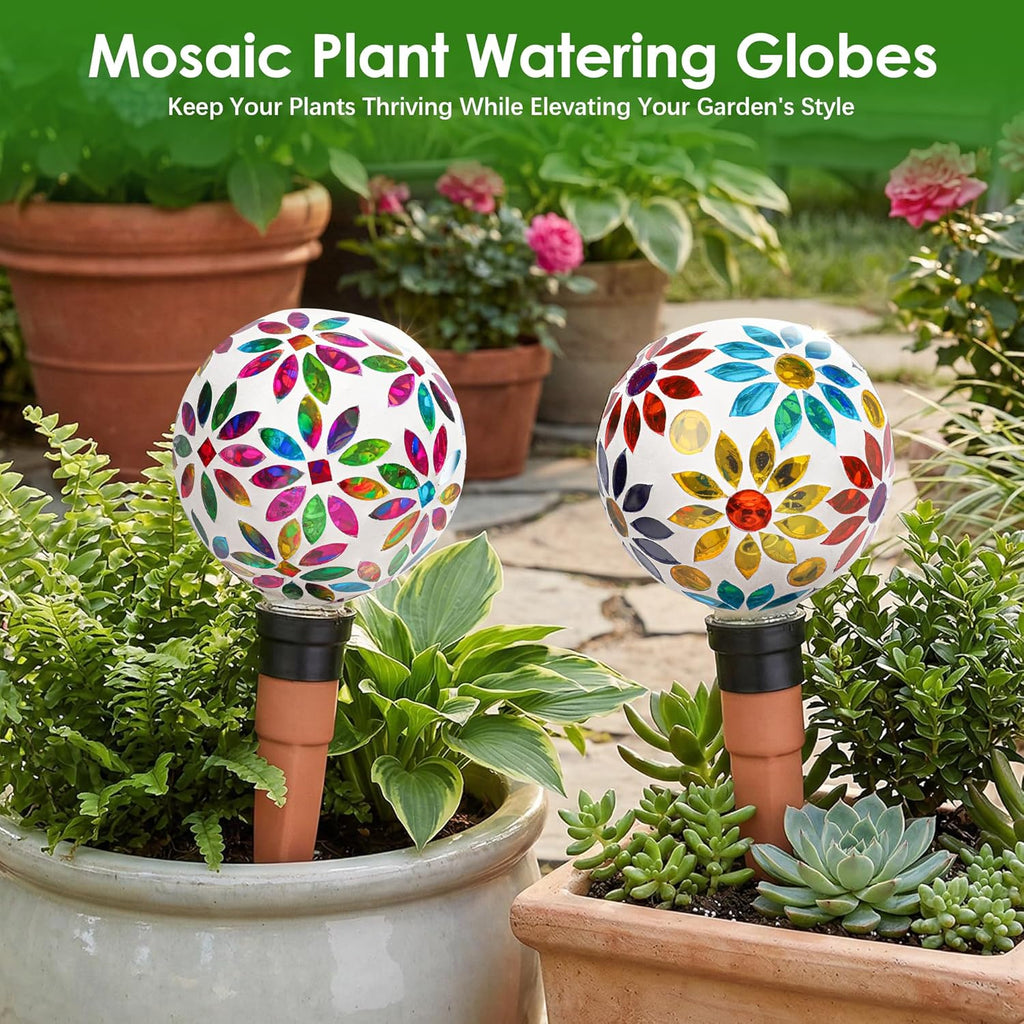 Terracotta Watering Spikes Mosaic Watering Globes 2 Pack | Automatic Plant Waterer Watering Devices Water Bulbs for