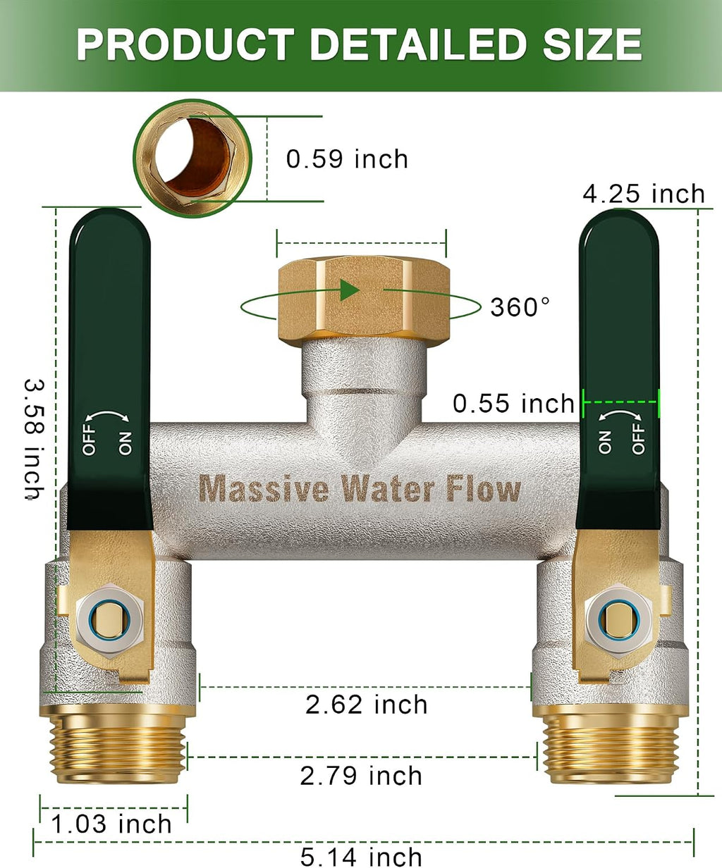 Hose Splitter 2 Way Heavy Duty, Brass Garden Hose Splitter | 304 Stainless Steel Long Handle, Full Flow Nickel Plated
