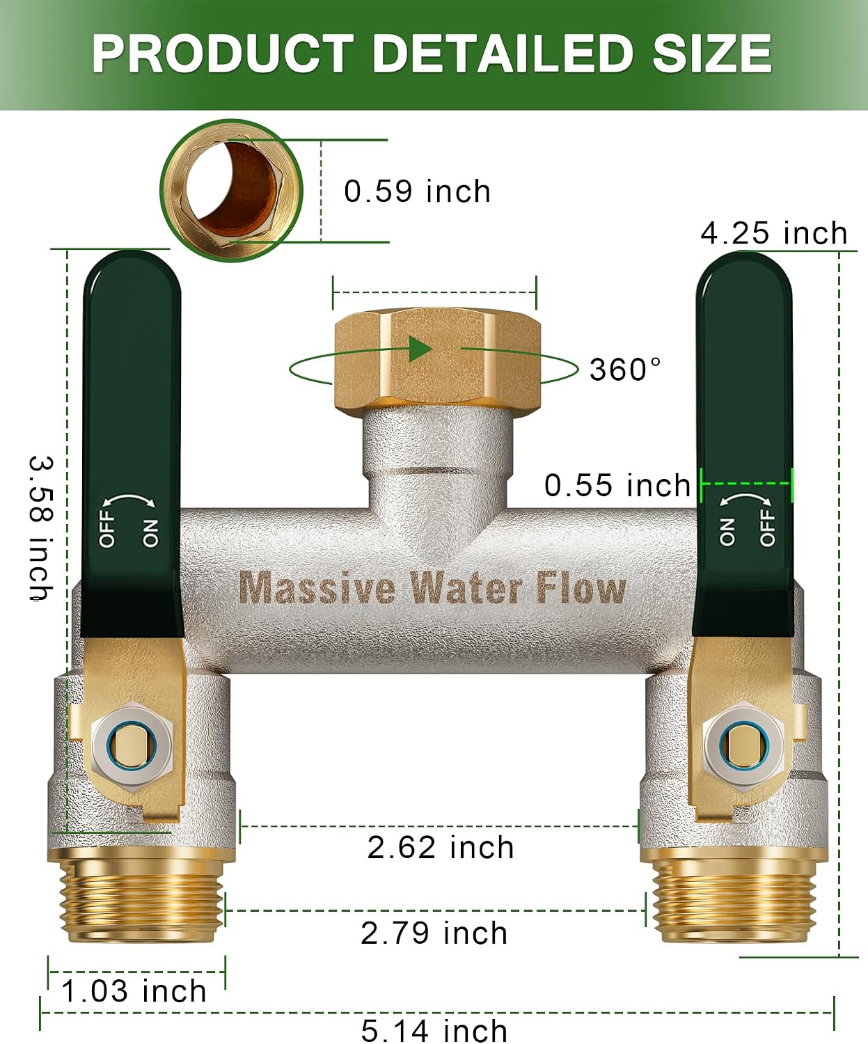 Hose Splitter 2 Way Heavy Duty, Brass Garden Hose Splitter | 304 Stainless Steel Long Handle, Full Flow Nickel Plated