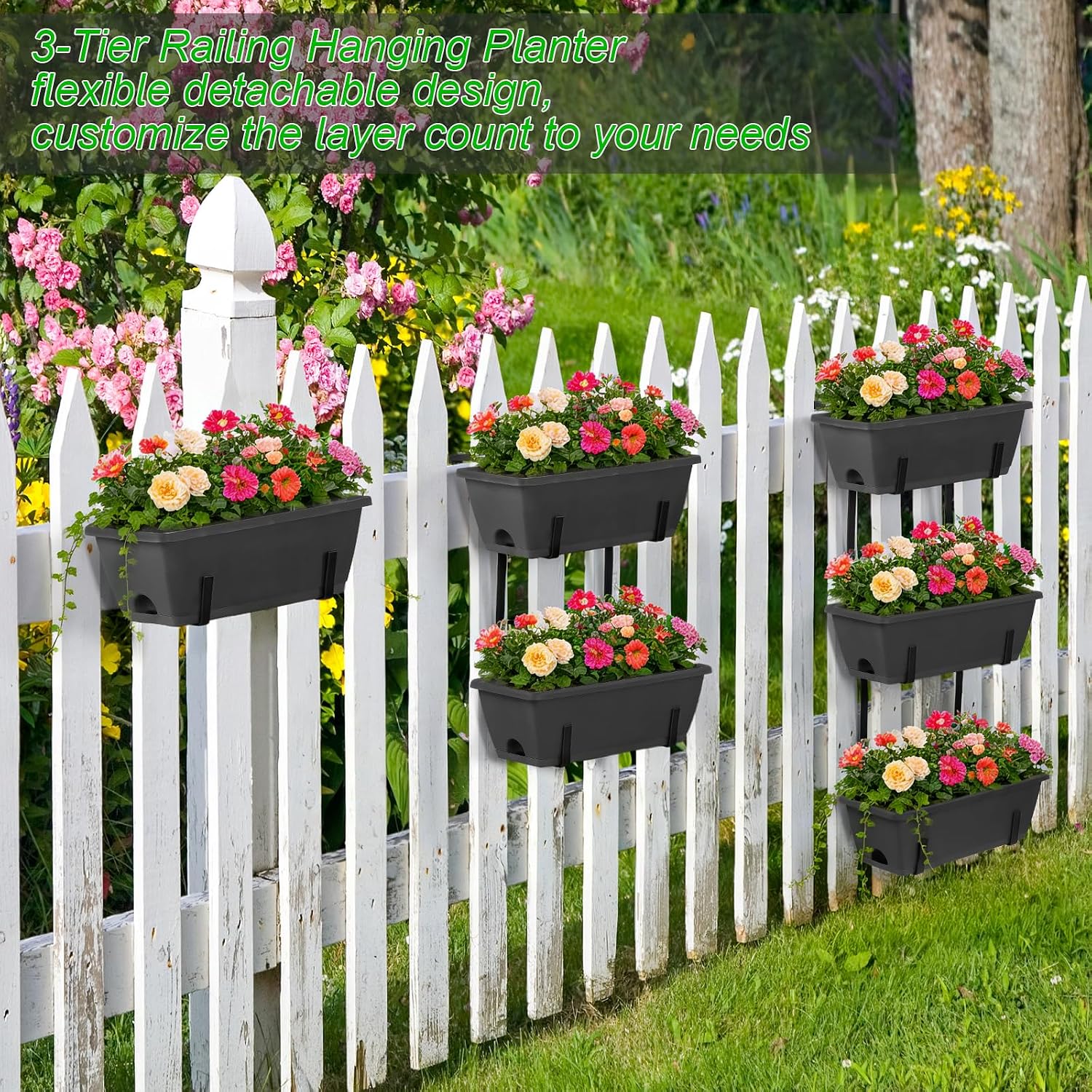 OYEAL Deck Railing Planter Boxes Set of 2 Over The Fence Planters Rail Hanging Planter Boxes with Adjustable Brackets