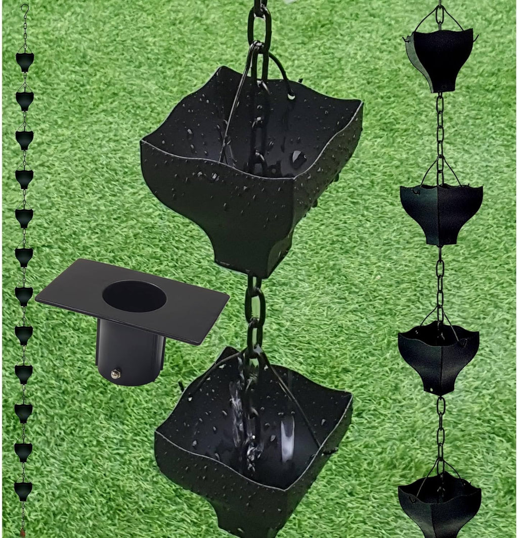 8.5FT Tulip Iron Rain Chain for Gutters and Rain Barrel, Black | Rain Chains for Downspout, Rust-Prevent Plated, Thick