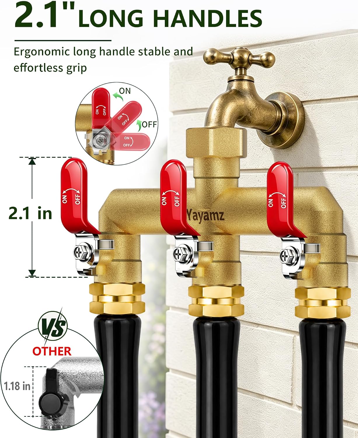 3 Way Garden Hose Splitter, 3/4" GHT Full Flow Hose Splitter | One-Piece Heavy Duty Full Brass Body with Shut-off