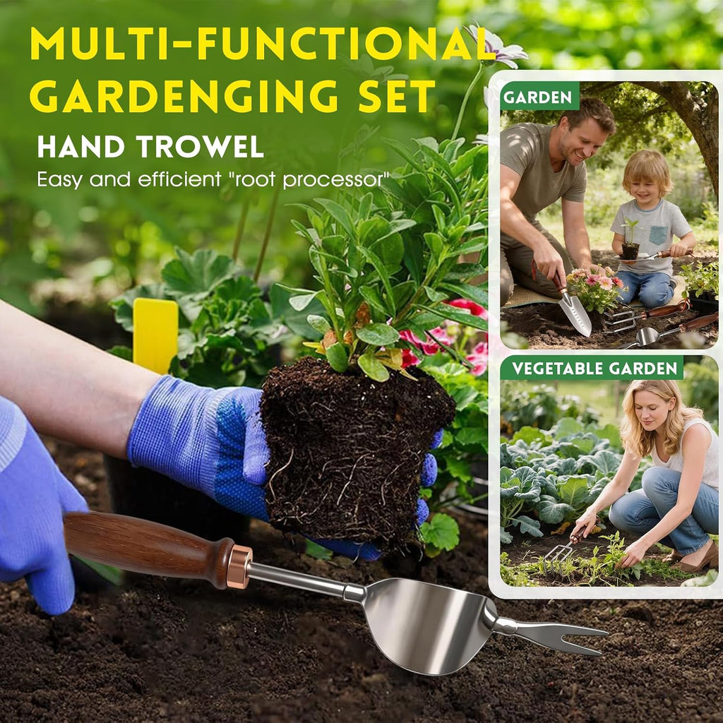 Garden Tools, 4 Pack Garden Shovel with Wooden Handles Hand Tools with Transplanting Hand Shovel, Rake and Root Picker