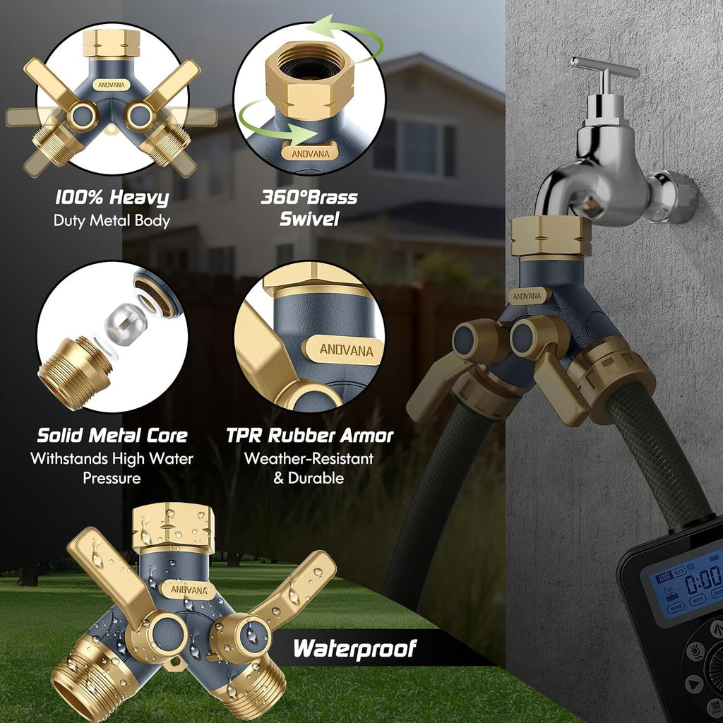 Hose Splitter 2 Way Heavy Duty, Garden Hose Splitter- Full Metal Body Y Type with Dual Shut Off Valves, 3/4" Standard