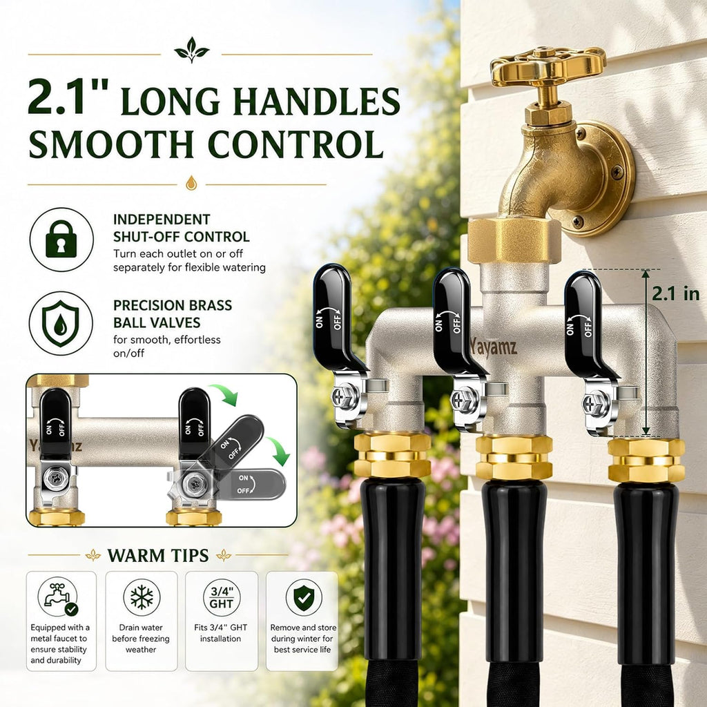 3 Way Garden Hose Splitter, 3/4" GHT Outdoor Faucet Splitter | Heavy-duty Solid Brass Body, Wide Spacing Fits Large